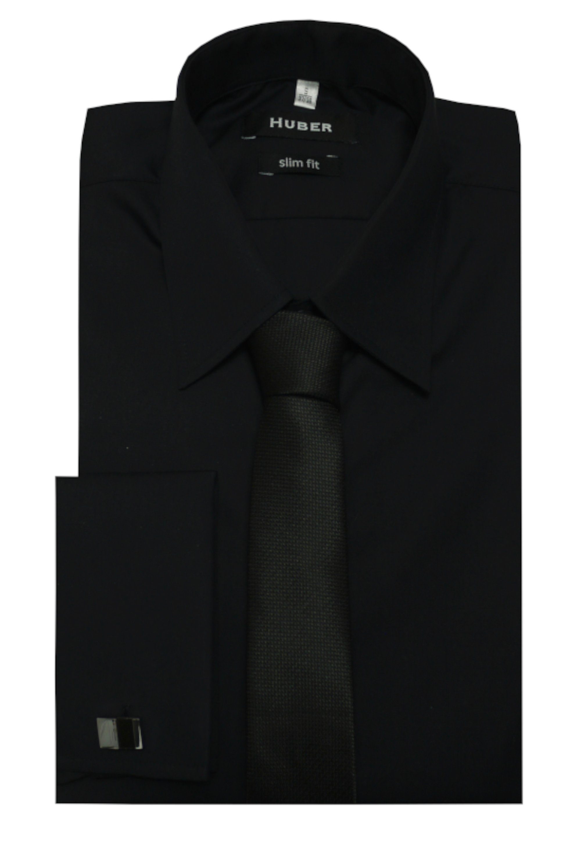 Huber Hemden Langarmhemd HU-5361 Umschlagmanschetten Slim Fit Krawatte schwarz Mansch.knopf