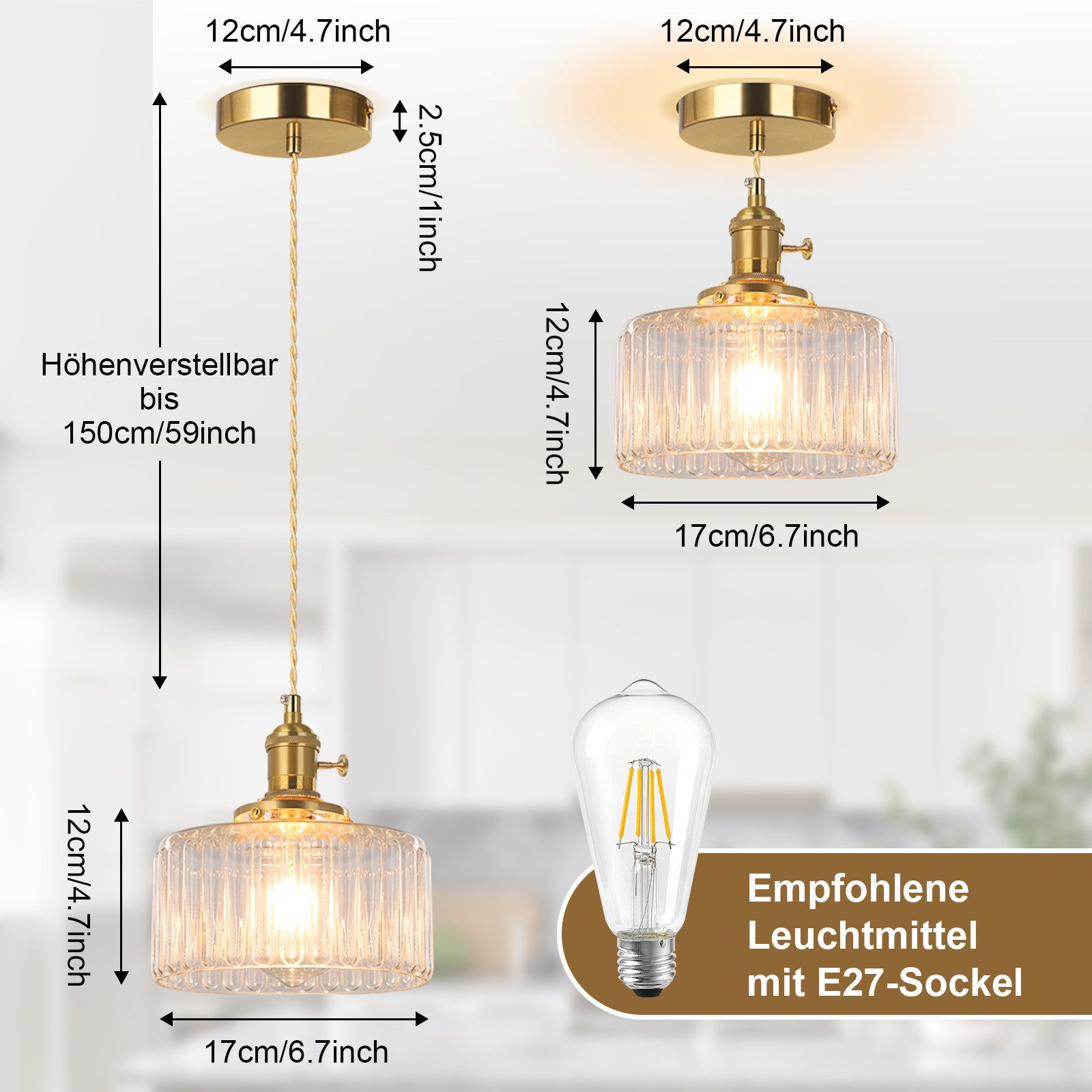 Sunicol Pendelleuchte LED Glas Hängelampe höhenverstellbar, Vintage, Warmweiße, LED wechselbar, Hängeleuchte mit E27 Fassung und Glühbirne für Esstisch