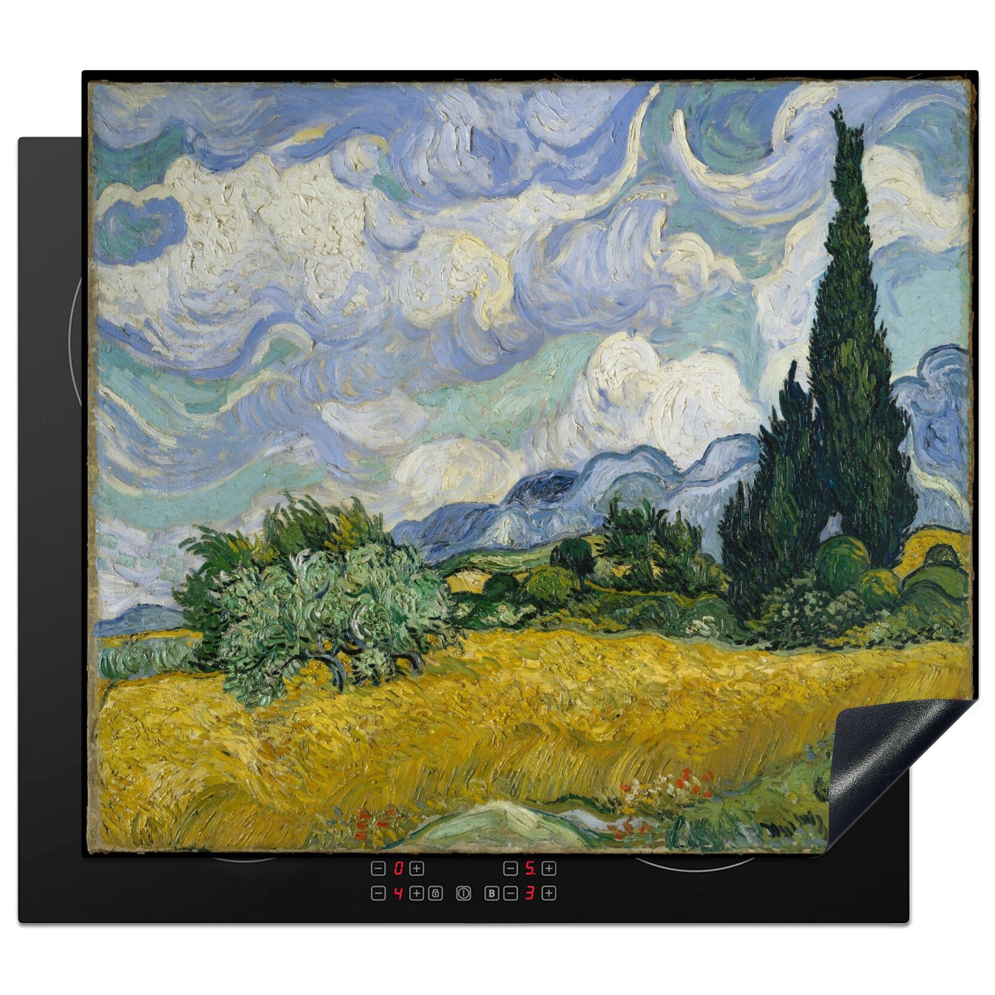 MuchoWow Herdblende-/Abdeckplatte Weizenfeld mit Zypressen - Vincent van Gogh, Vinyl, (1 tlg), 60x52 cm, Mobile Arbeitsfläche nutzbar, Ceranfeldabdeckung