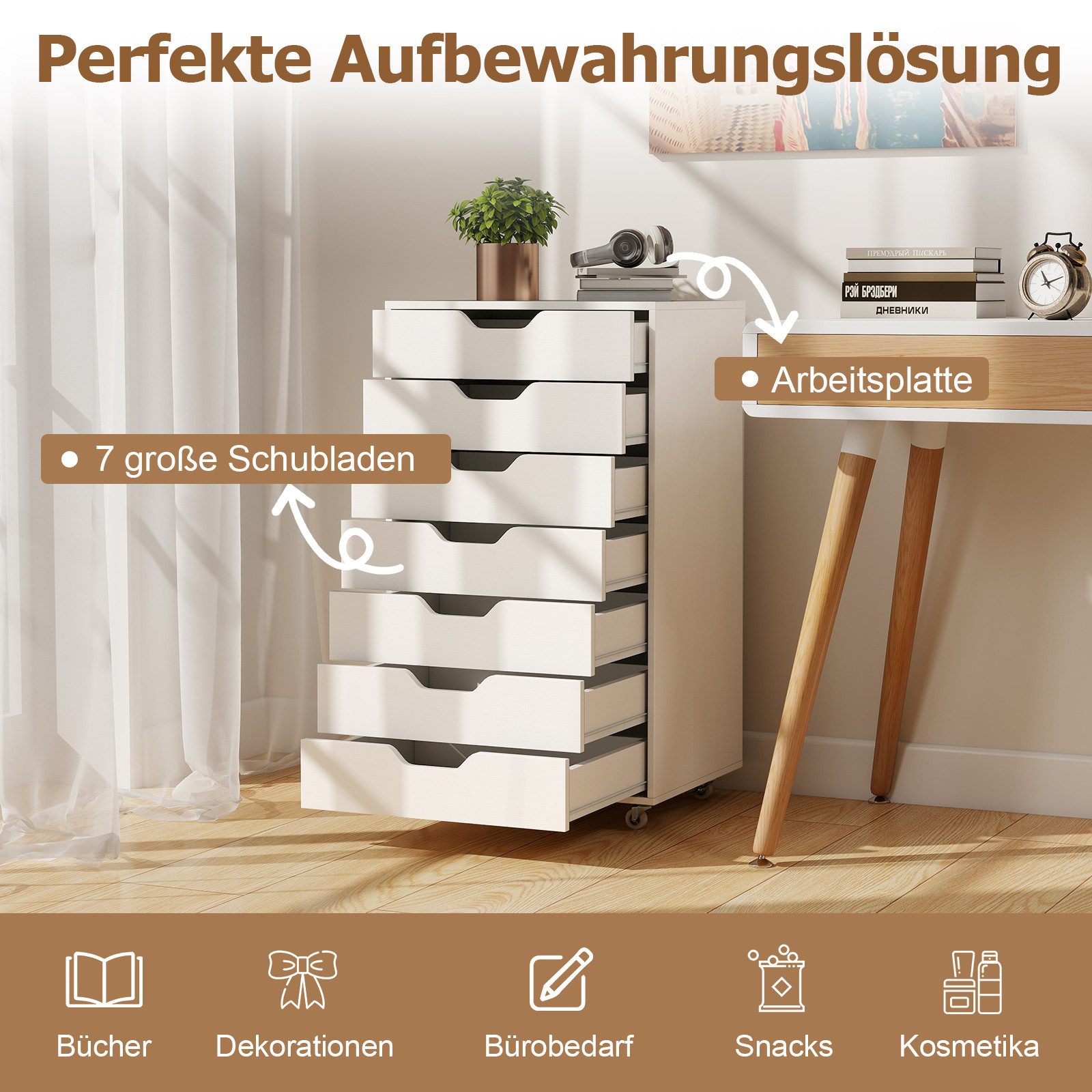 COSTWAY Rollcontainer, mit 7 Schubladen Aktenschrank mit Rollen weiß