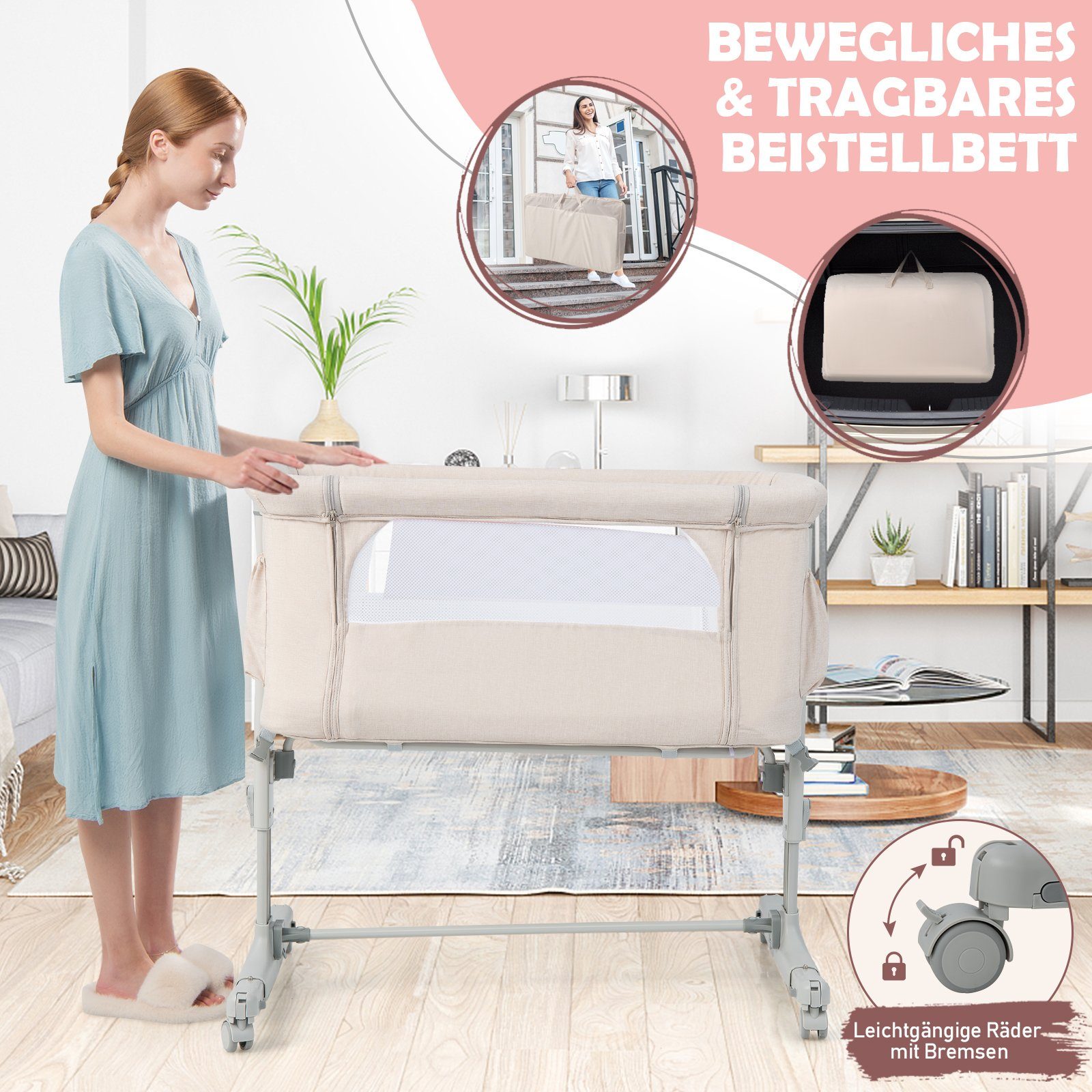 COSTWAY Beistellbett 3 in 1 Reisebett, 5-stufig höhenverstellbar,Matratze – Bild 5 von 5