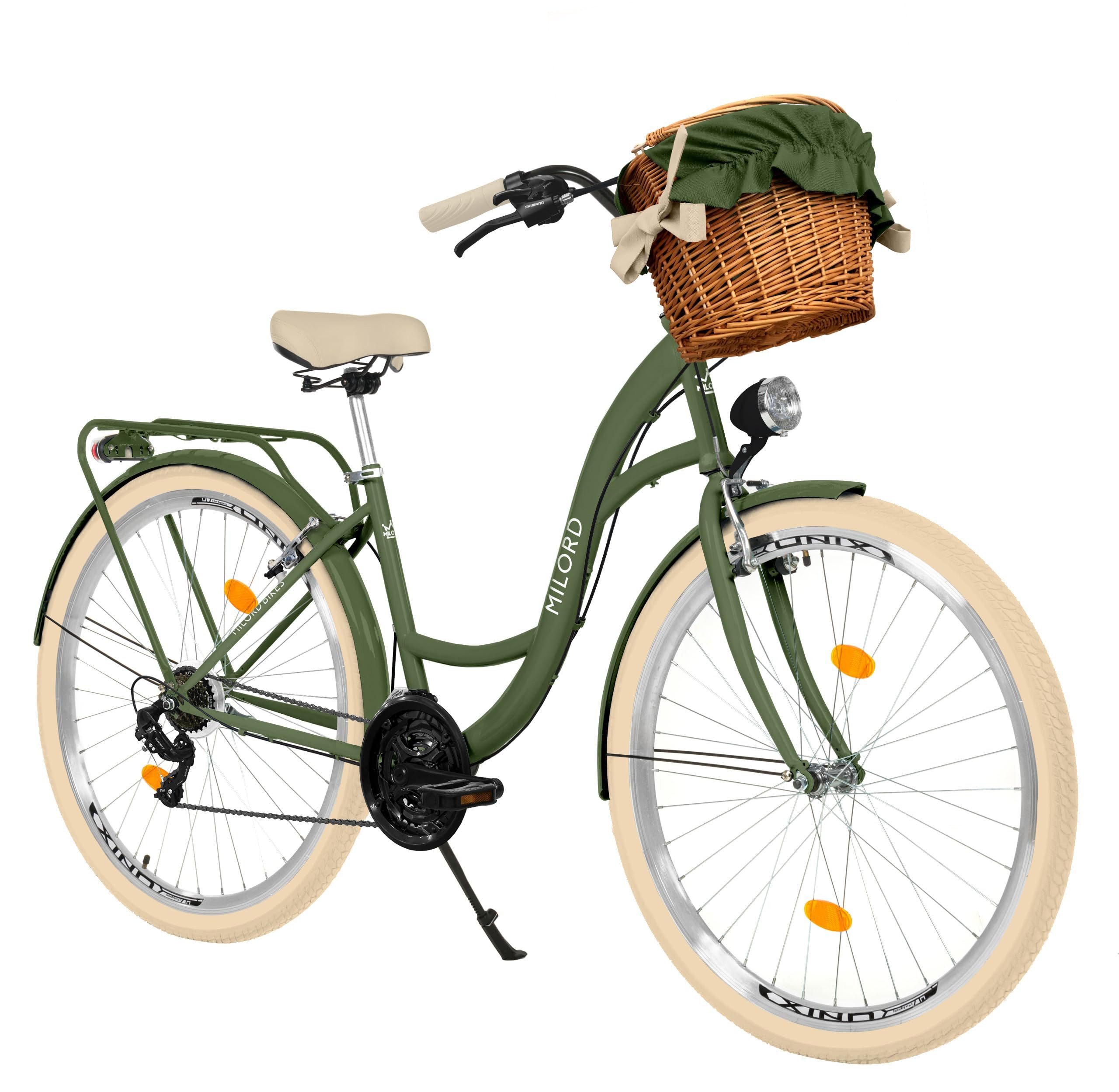 Milord Cityrad Damenfahrrad Citybike Mit Weidenkorb Fahrrad, 26/28 Zoll, 21-Gang, 21 Gang, (Fahrradständer, Gepäckträger, Klingel, Korb, Kotflügel)