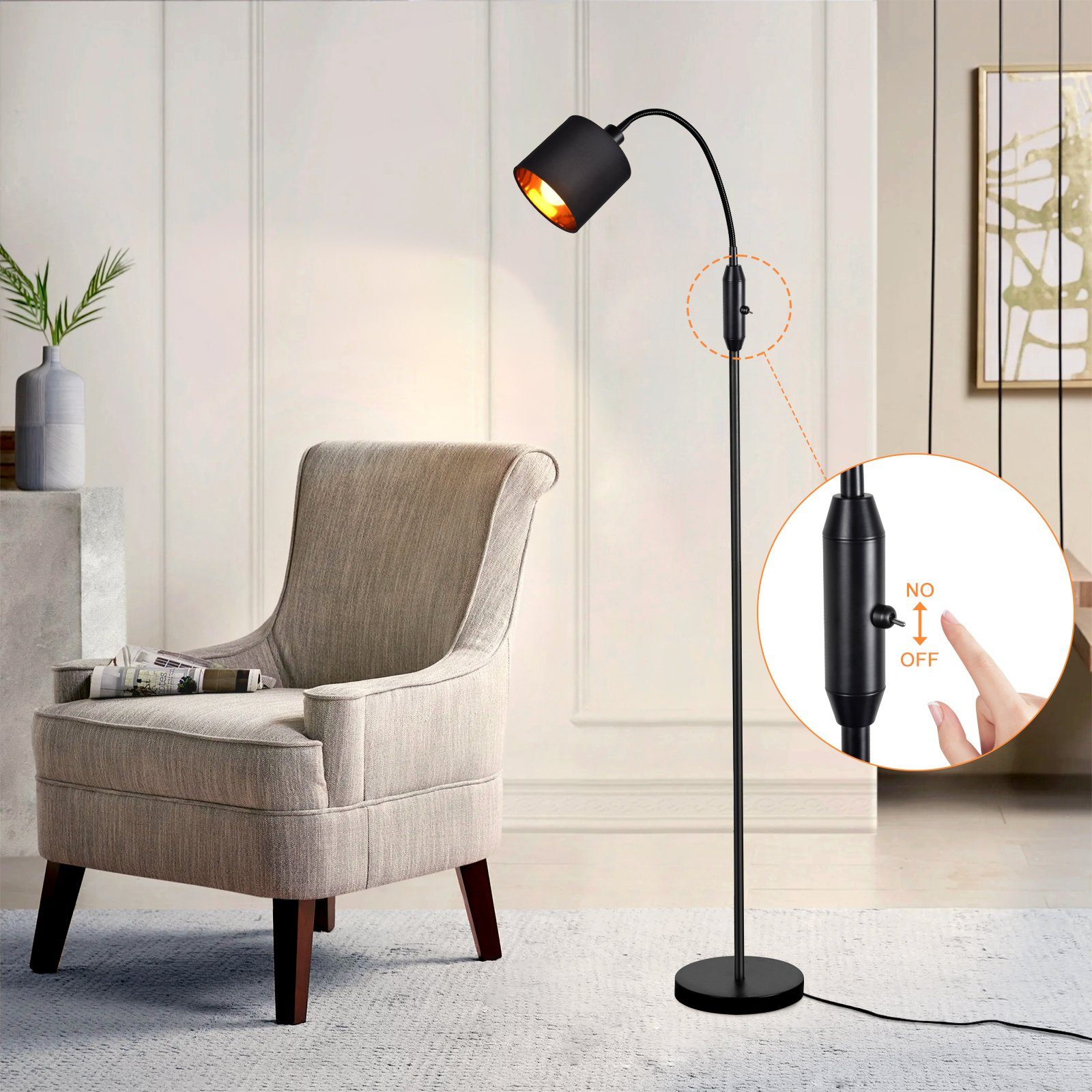 Stofflampenschirm Stoff Stehlampe Bogen integriert, Wohnzimmer Vintage fest ZMH Schwarz E14, Stehleuchte LED Metallsockel, 360°, LED