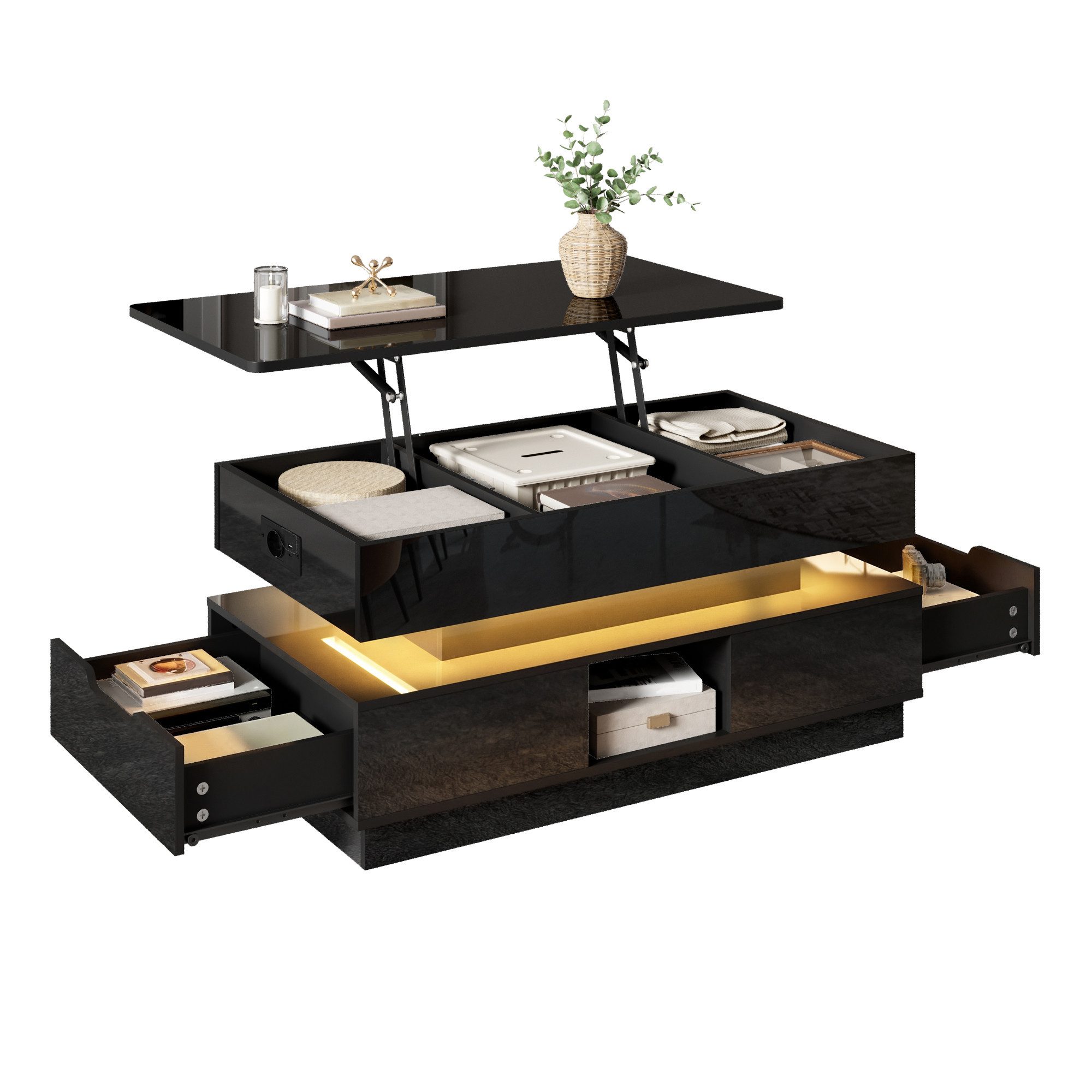 Ulife Couchtisch mit Stauraum, Schubladen, LED-Beleuchtung und Steckdose, Schwarz (1-St), Höhenverstellbar für flexible Nutzung
