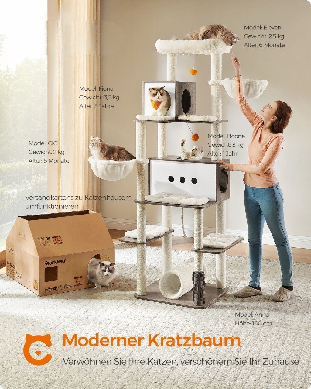 FEANDREA Kratzbaum Katzenbaum, mehrstöckiges Katzenhaus, 192 cm, XXL, 2 Höhlen, 2 Liegemulden, 4 Kratzstämmen, Katzenbürste, Tunnel