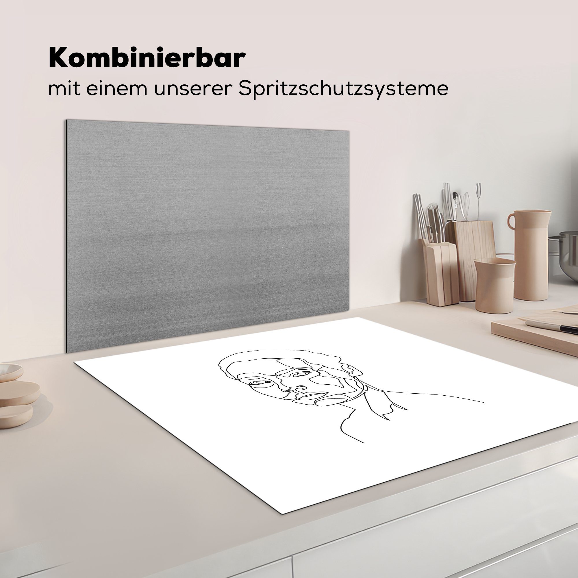 küche Frau Herdblende-/Abdeckplatte - 78x78 Arbeitsplatte Linienkunst (1 für - cm, tlg), MuchoWow Vinyl, Ceranfeldabdeckung, Abstrakt,