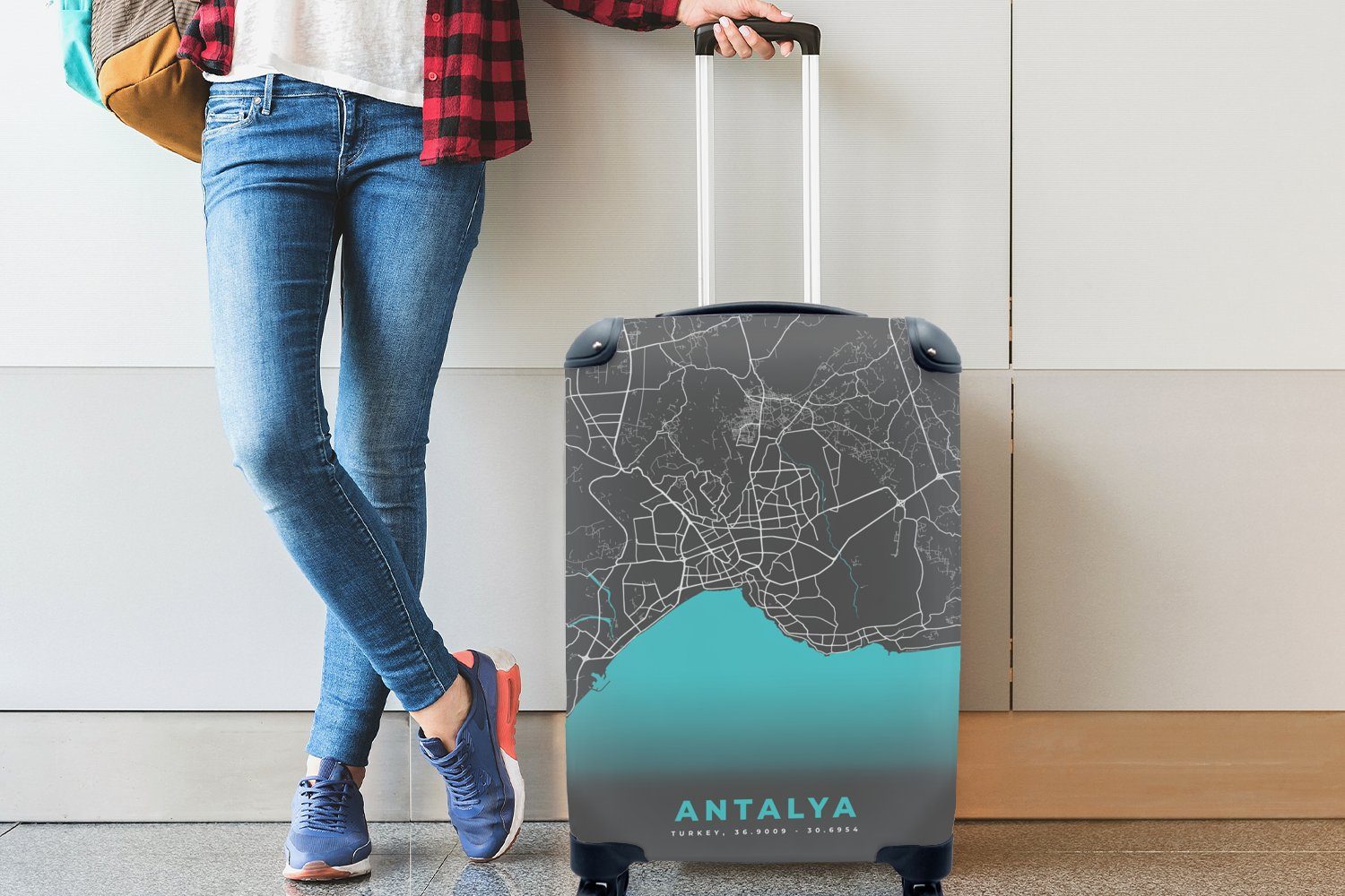 MuchoWow Handgepäckkoffer Antalya Reisetasche - - für Handgepäck Reisekoffer Blau, rollen, Stadtplan Karte mit Trolley, 4 Ferien, - Rollen