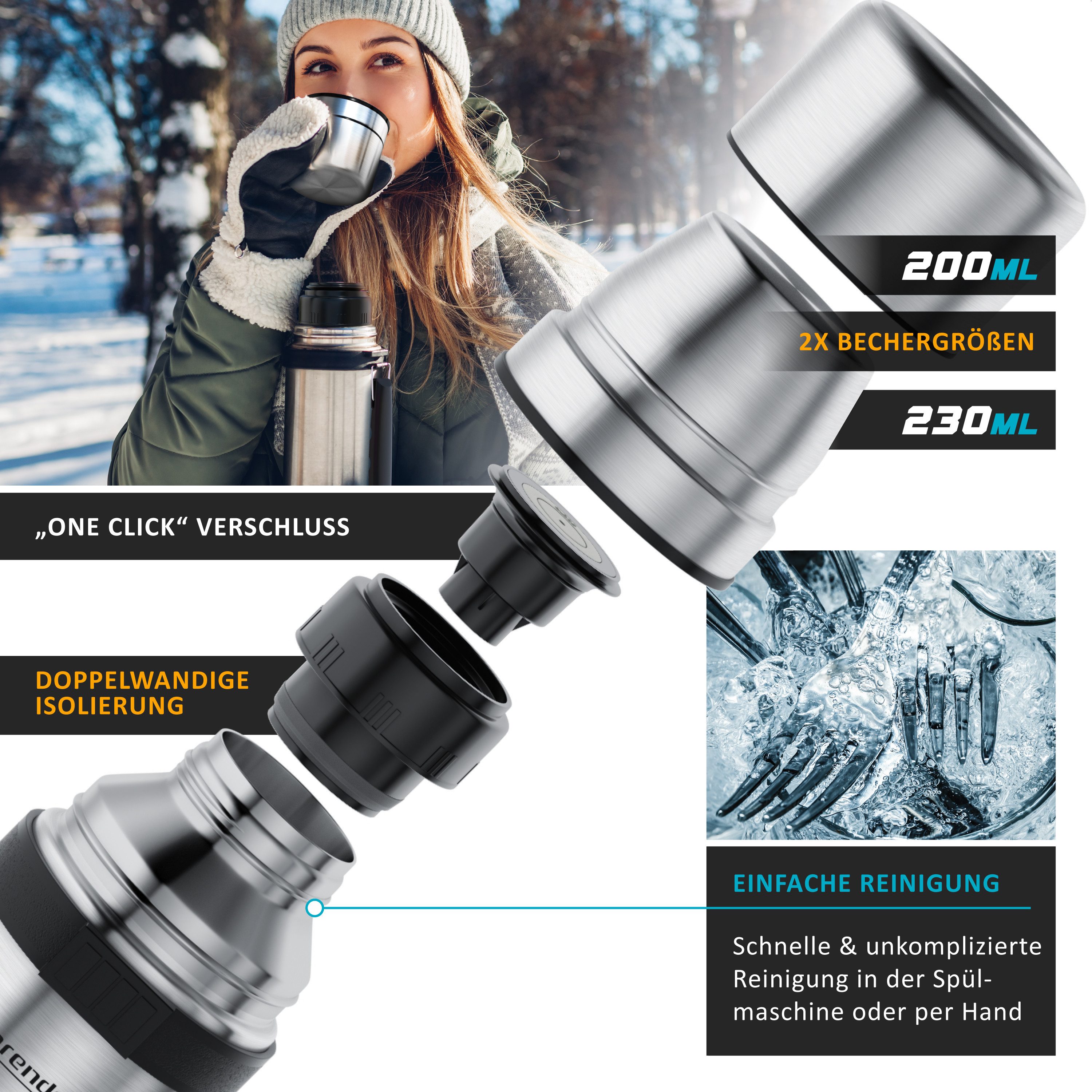 Arendo Thermoflasche 1 L Isolierflasche mit 2 Tassen, Edelstahl Trinkflasche für Unterwegs, kohlensäuregeeignet, inkl. 2 Becher, BPA-frei, auslaufsicher – Bild 4 von 5