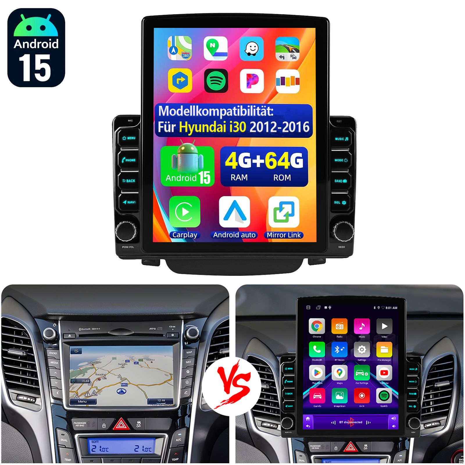 9.7" DAB+ CarPlay Android 15 Für Hyundai i30 2012-2016 Autoradio WIFI Autoradio