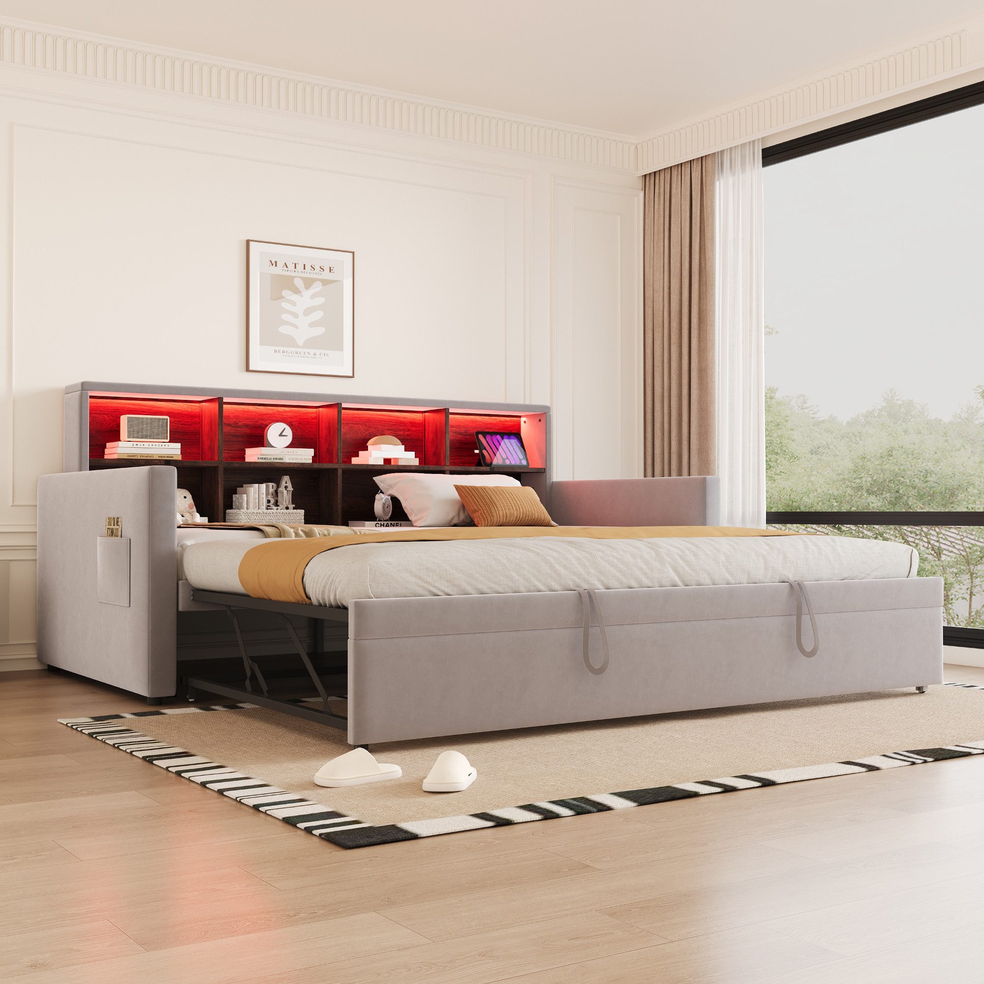 REDOM Schlafsofa mit Ausziehfunktion, LED-Lichtleiste & integrierten Ladean günstig online kaufen