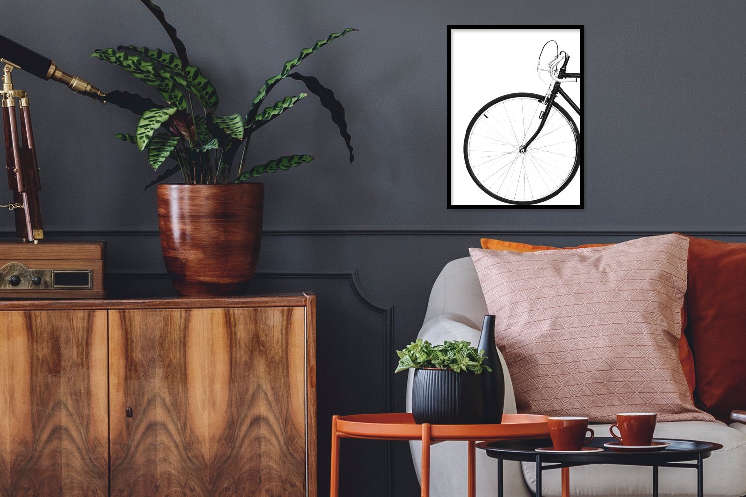 MuchoWow Poster Fahrrad - Rad - Schwarz - Lenker, (1 St), mit Rahmen,  Kunstdruck, Gerahmtes Poster, Schwarzem Bilderrahmen