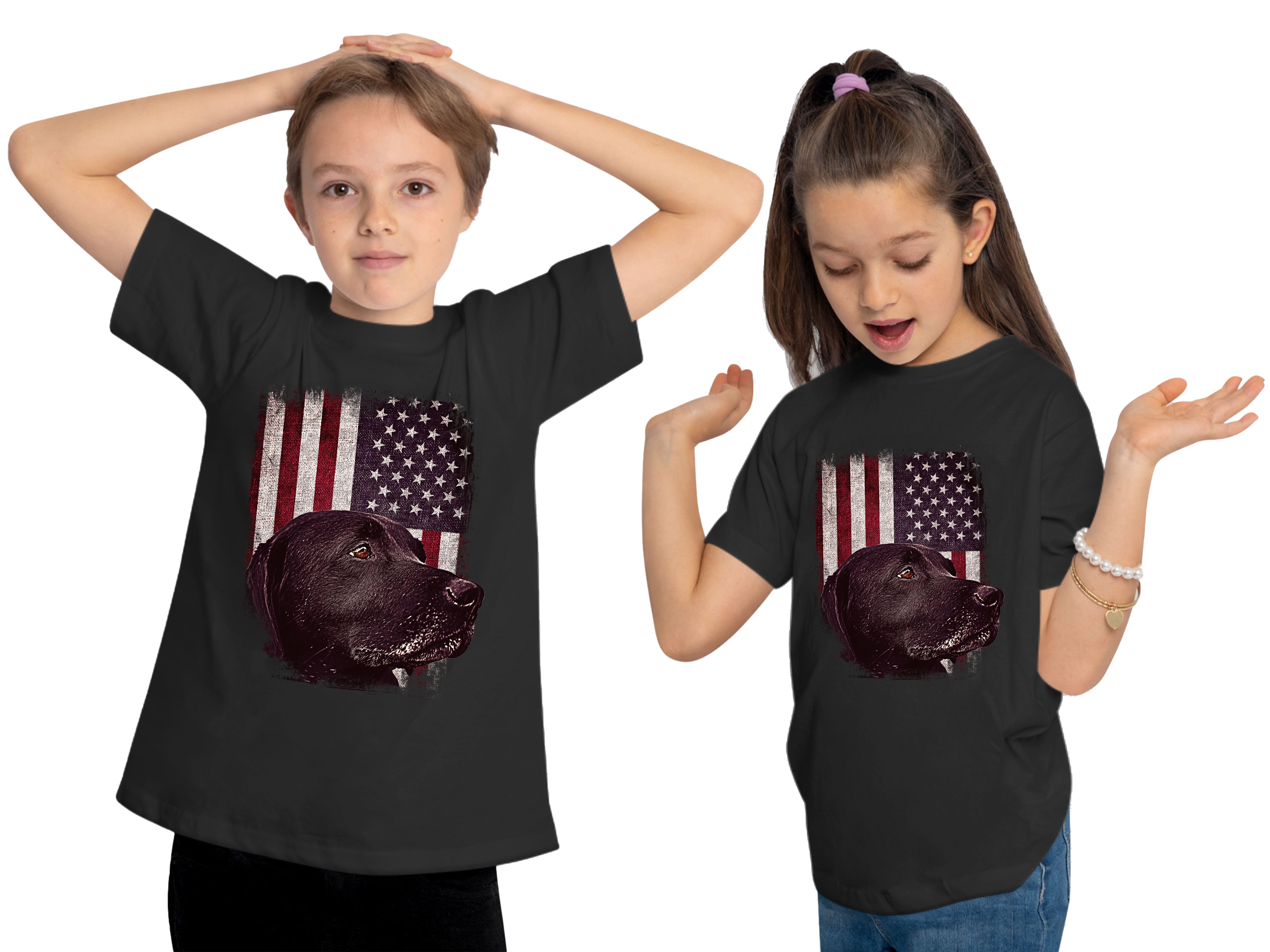 Print Hunde Shirt Labrador mit T-Shirt Baumwollshirt vor schwarzer MyDesign24 Kinder bedruckt - Aufdruck, Flagge USA i246