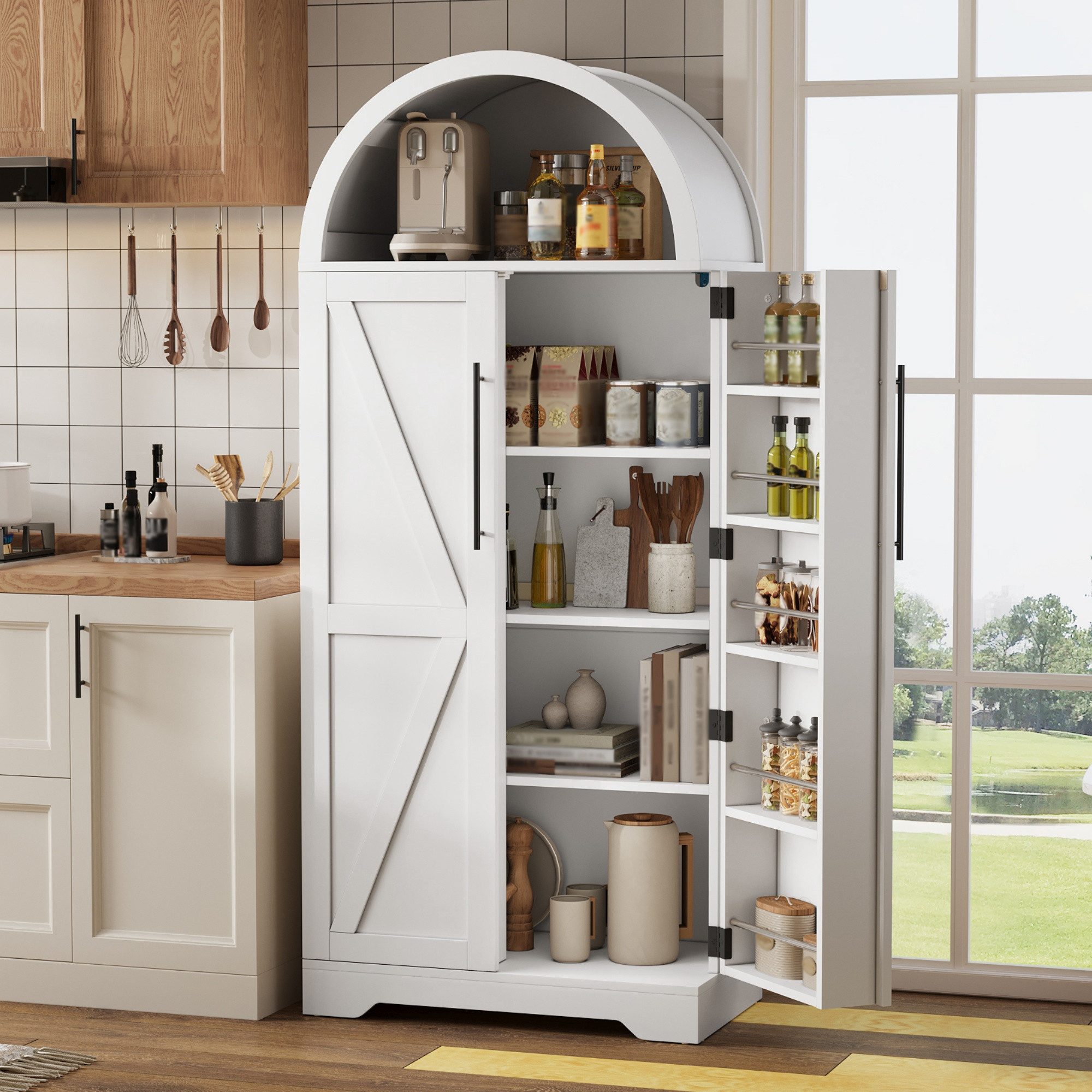 Flieks Hochschrank mit Türregalen und offenem Oberfach in Landhausstil (165×70×40 cm, 1-St) gewölbter Mehrzweckschrank Küchenschrank …