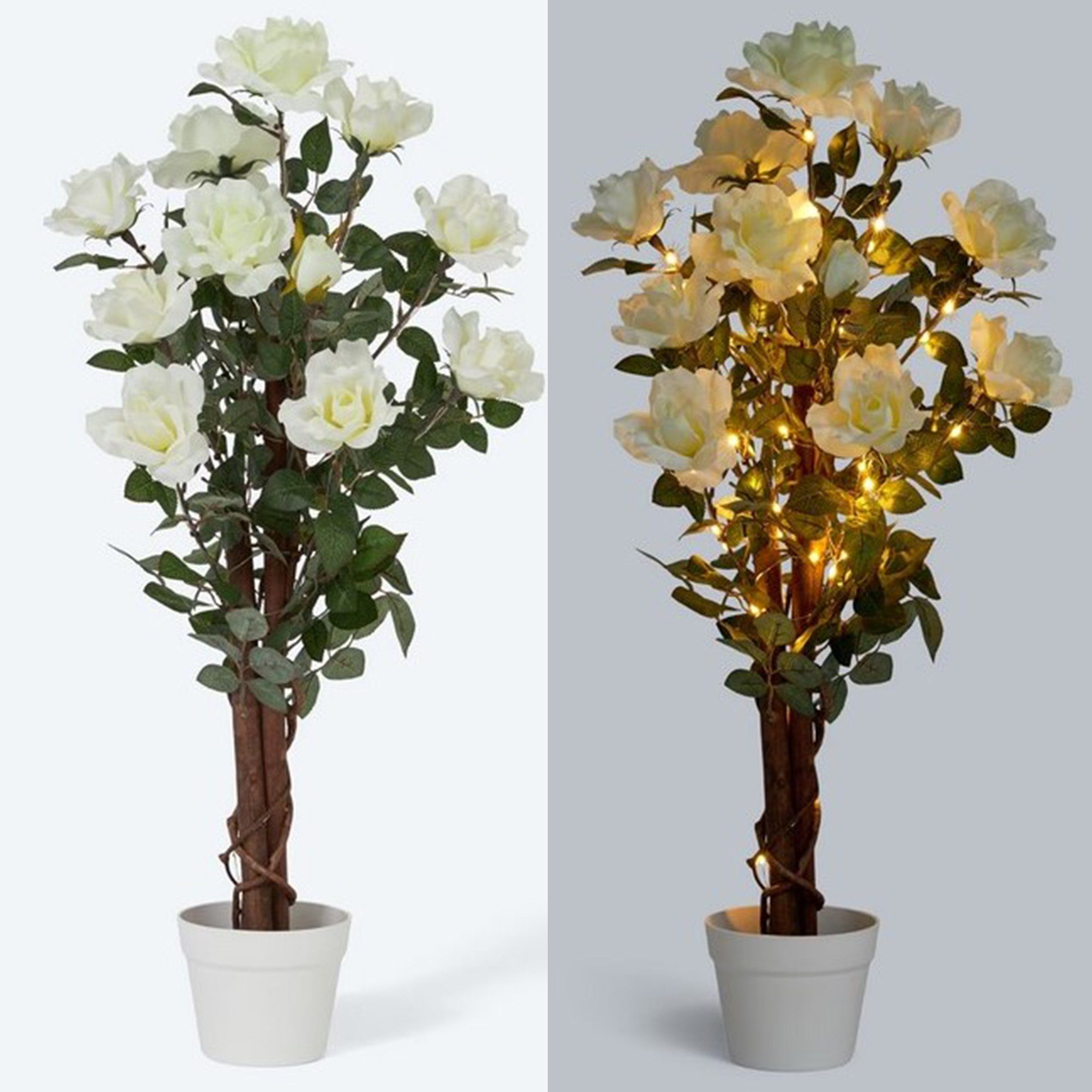 Kunstpflanze Rosenbaum mit LED-Beleuchtung - Künstliche Blumen, Pflanzen im Topf Rosen, Online-Fuchs, 90 cm Höhe Weiß