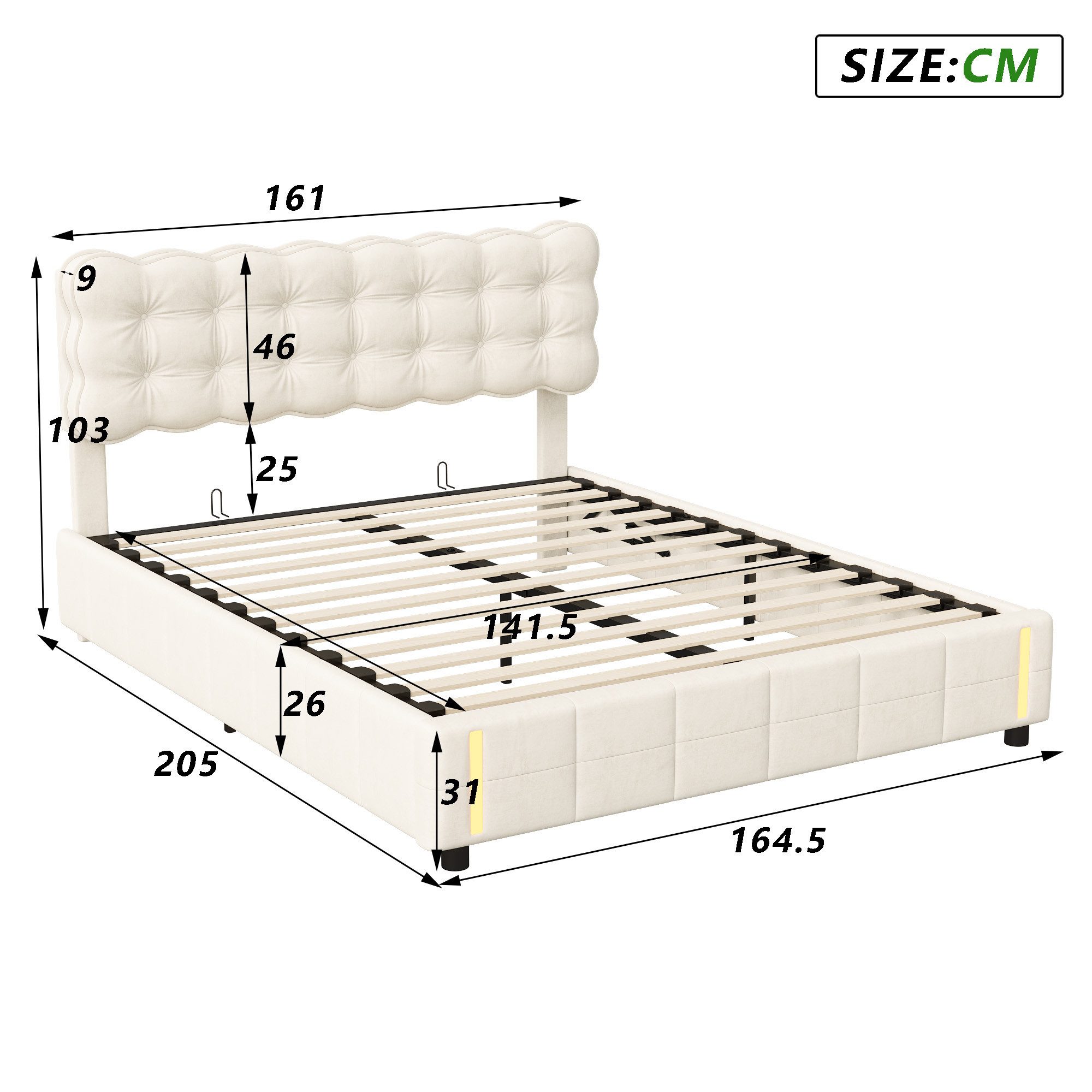 Furnishings Home Polsterbett Stauraumbett Doppelbett mit LED 140x200 cm (Modernes Jugendbett, Leises Design Bett, Max. Belastbarkeit 350 kg), Mit LED-Beleuchtung, Bettkasten, Lattenrost, Samt