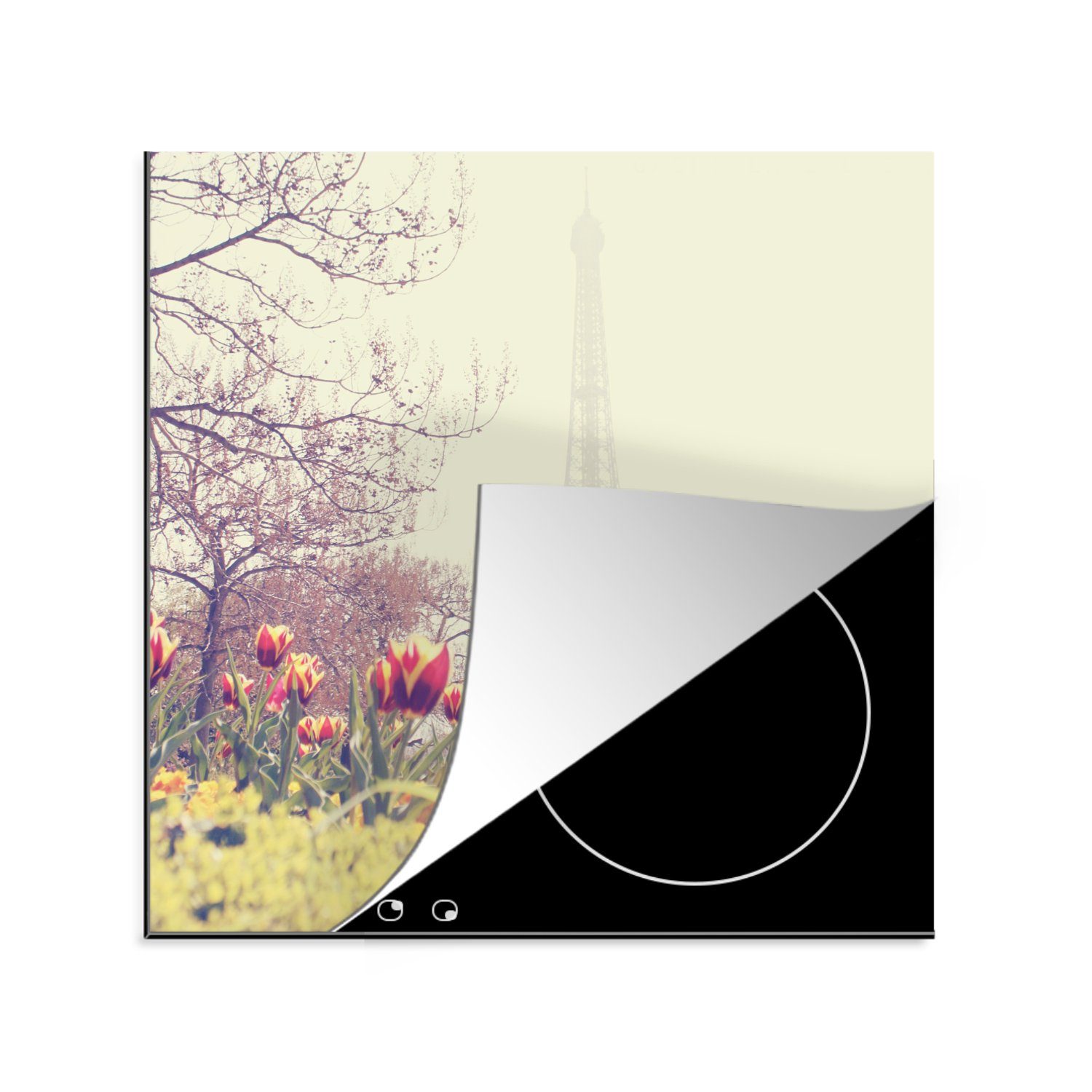 MuchoWow Herdblende-/Abdeckplatte Eiffelturm - Paris - Blumen, Vinyl, (1 tlg), 78x78 cm, Ceranfeldabdeckung, Arbeitsplatte für küche