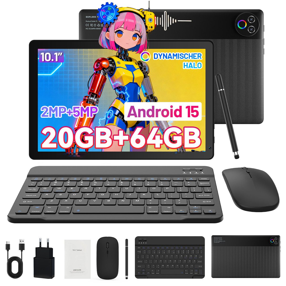 BUFO 10-Zoll-Tablet, 64GB, Android, HD IPS-Touchscreen, Dual-Kamera Tablet (10", 64 GB, Android, WiFi, Android 15, 64GB ROM, WiFi 6 BT5.4, mit Tastatur, Maus & Stift)