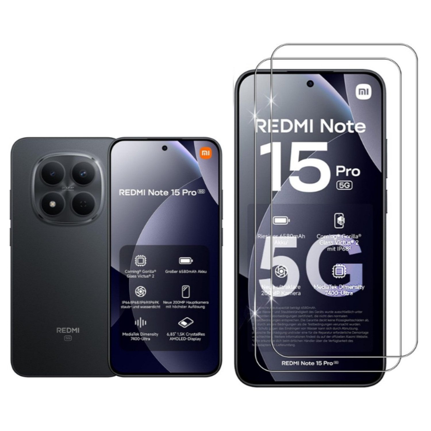 CLM-Tech Displayschutzglas 2X für Xiaomi Redmi Note 15 Pro 5G 6,83 Zoll, (Nicht 4G) Panzerglas Folie - Blasenfreie Anbringung und kratzfest -, 2 Stück, Anti-Fingerabdruck