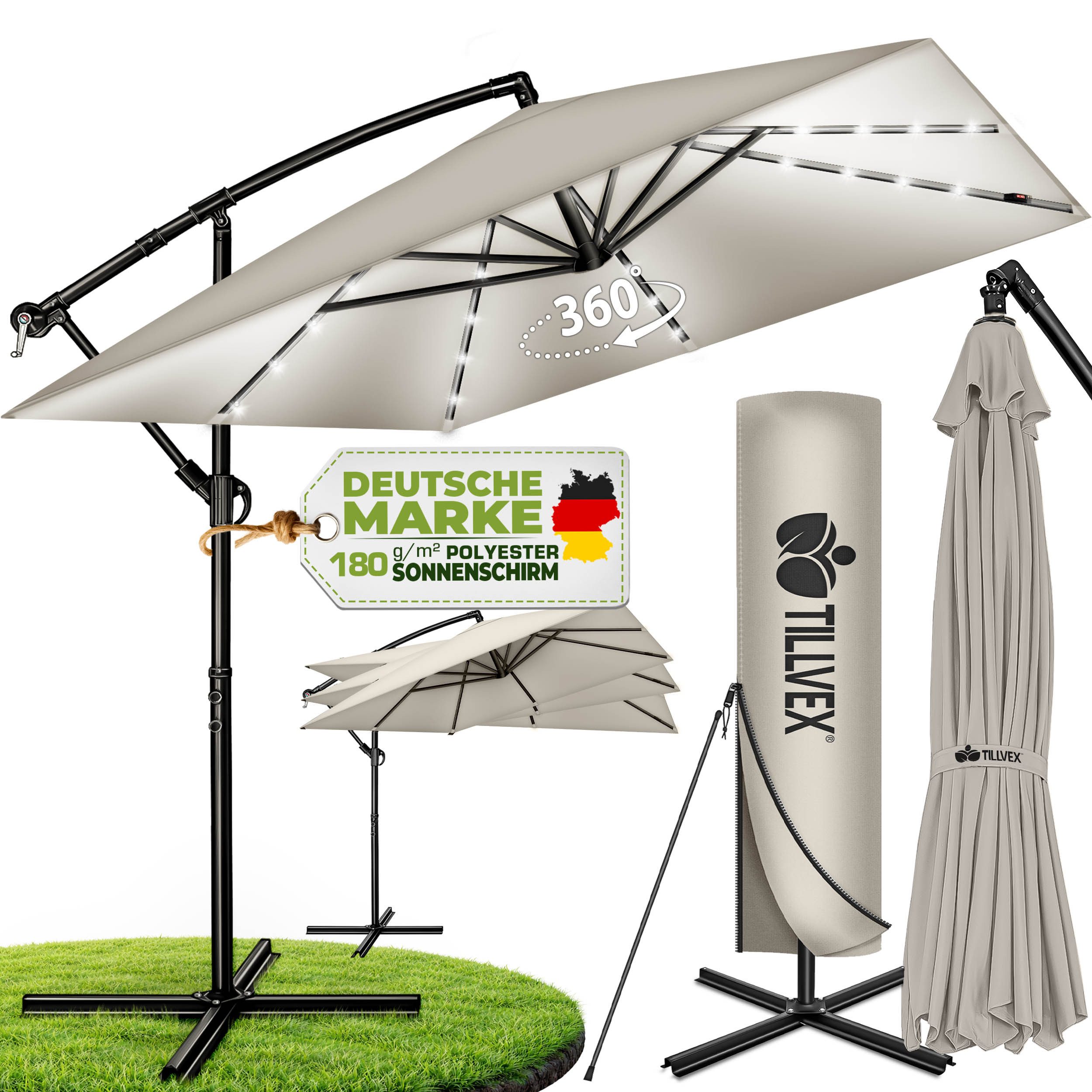 tillvex Sonnenschirm tillvex® Sonnenschirm LED Solar 235 x 235 cm Ampelschirm Gartenschirm, Kurbelschirm Marktschirm wasserdicht 360° drehbar, mit Kurbel & Windschutz Gartenschirm Aluminium, Alu Ampelschirm Ø330 cm Rechteckig mit LED Solar + Abdeckung