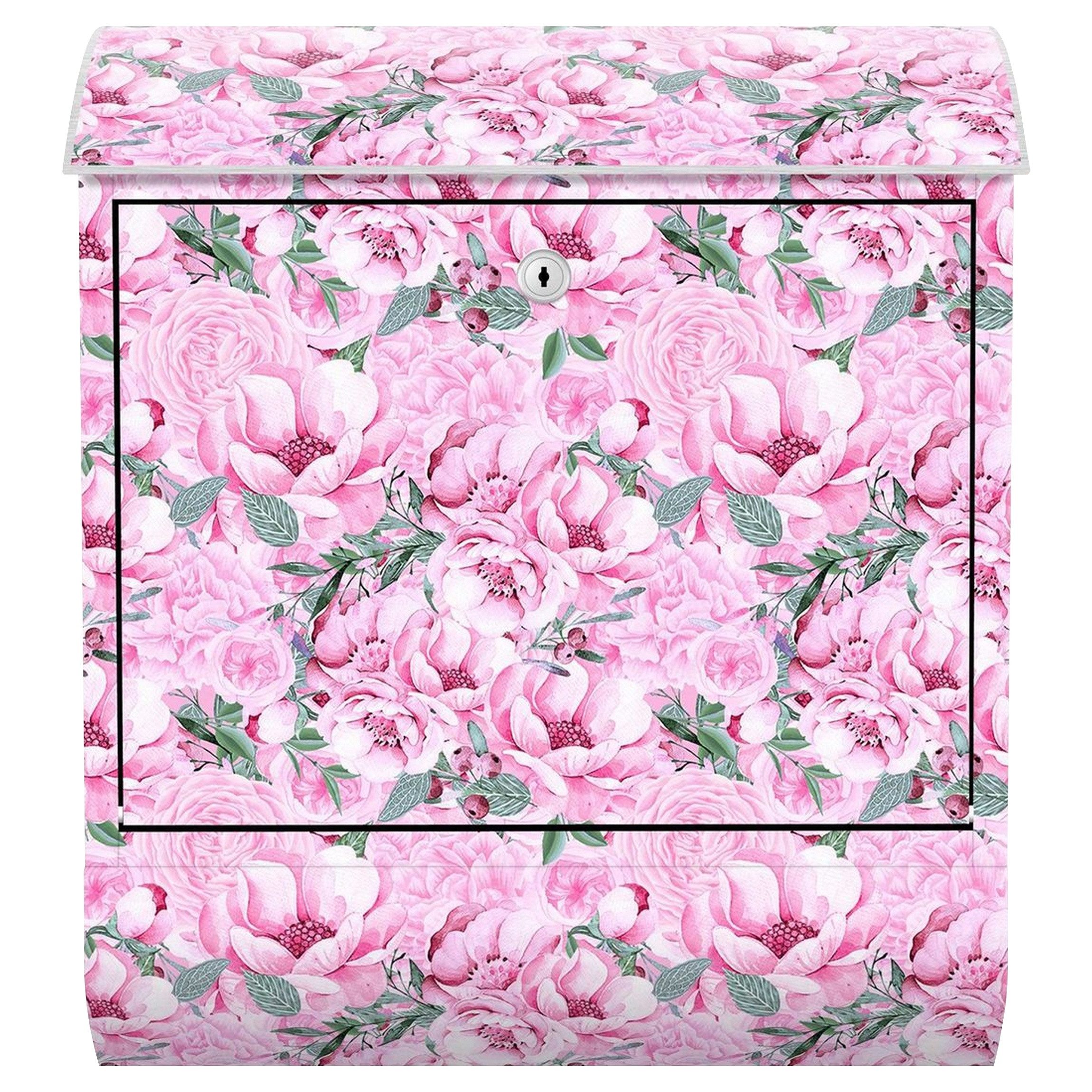 Bilderdepot24 Briefkasten Wandbriefkasten mit Zeitungsfach Motiv Rosen Aquarell Pastellrosa (inkl. Zeitungsrolle und 3 Schlüssel), Motivdruck, wetterfest, UV-beständig, abschließbar, 46x39x13 cm