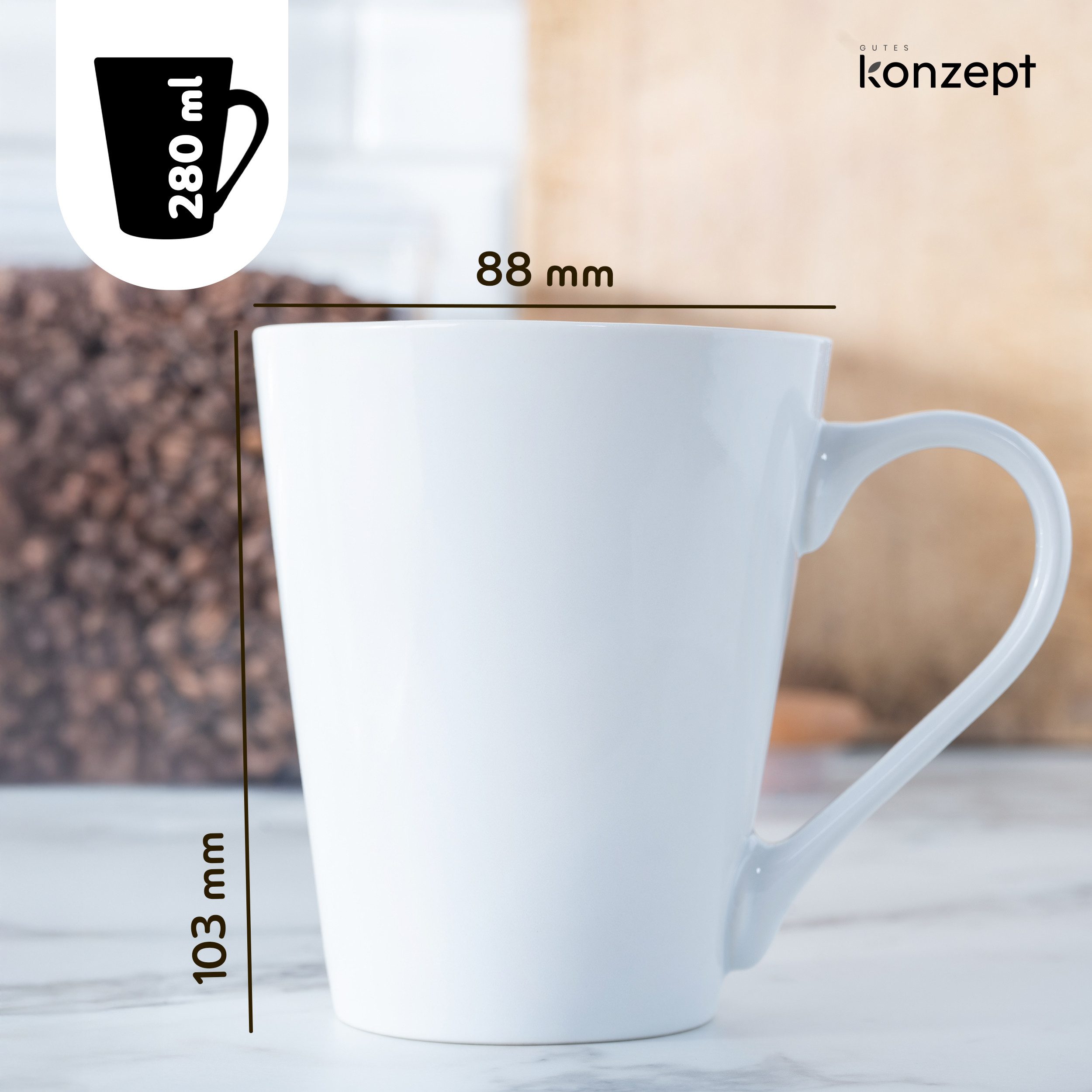 KONZEPT Becher Kaffeebecher aus Porzellan, 280 ml Set 6er Teetassen in Weiß, Kaffee-Tassen zum Bemalen