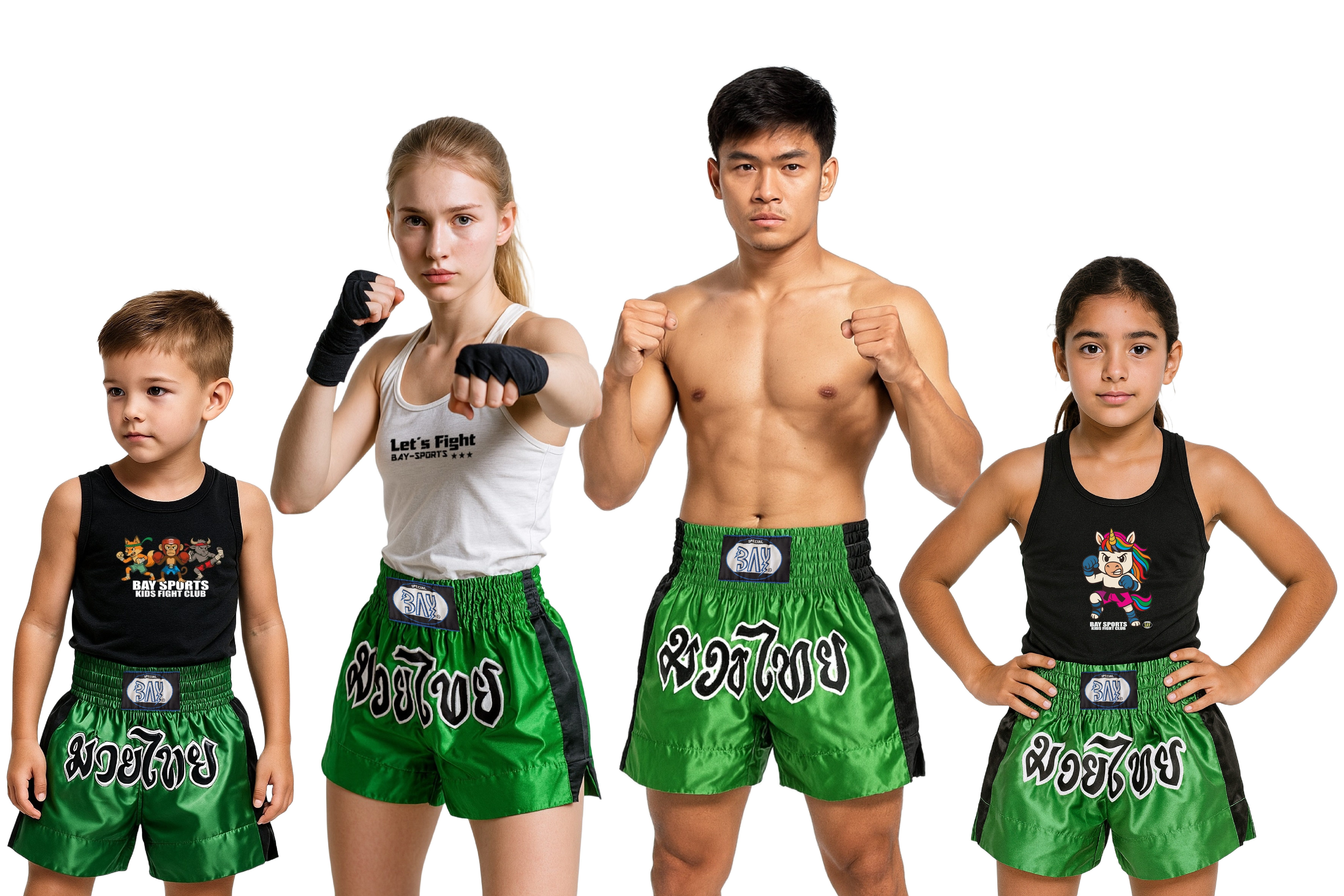 BAY-Sports Sporthose Thaiboxhose REMY Muay Thai Hose Shorts Thaiboxen MMA kurz Kickboxen kurze, leichte, locker sitzende Trainingshose, Grün/Schwarz/Weiß
