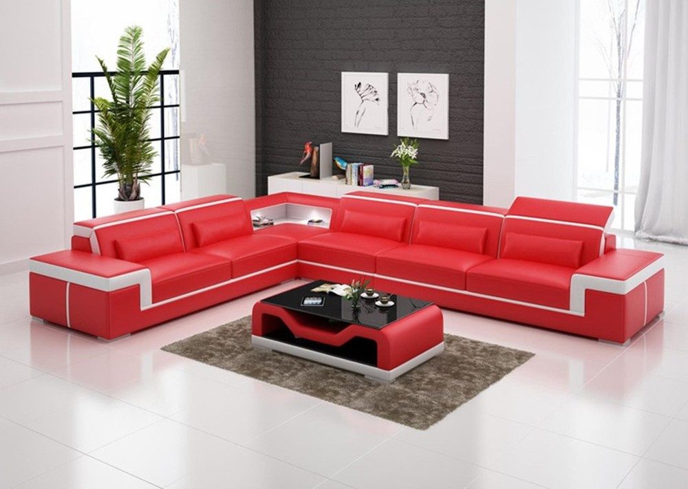 Ecksofa Rote L-Form Polstergarnitur – Ledersofa Wohnlandschaft Couch
