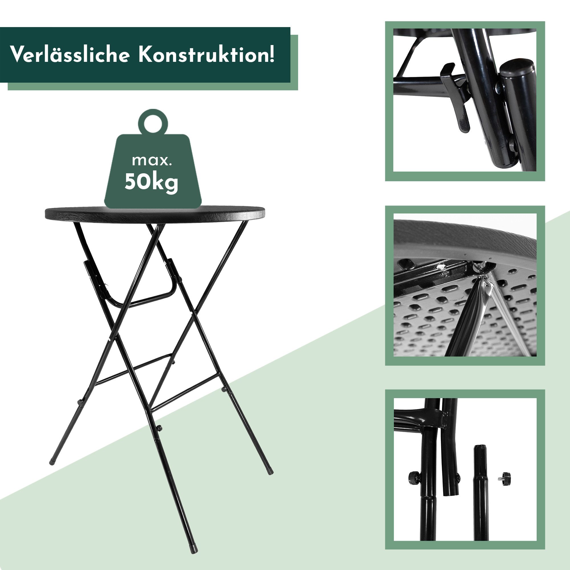 Lemodo Stehtisch klappbar 80x110 cm schwarz Holz-Optik, Kunststofftischplatte (1 Tisch), Arbeitshöhe: 110 cm, Tischplatte: 80 cm