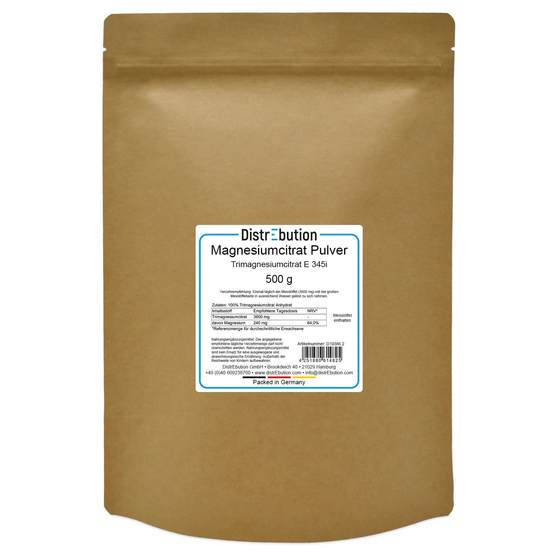 DistrEbution Magnesiumcitrat Pulver, 100g-25kg Ohne Zusatzstoffe, Hochdosiert Pulver, 500 g, Hochkonzentriert ca. 16%, Ohne Zusatzstoffe