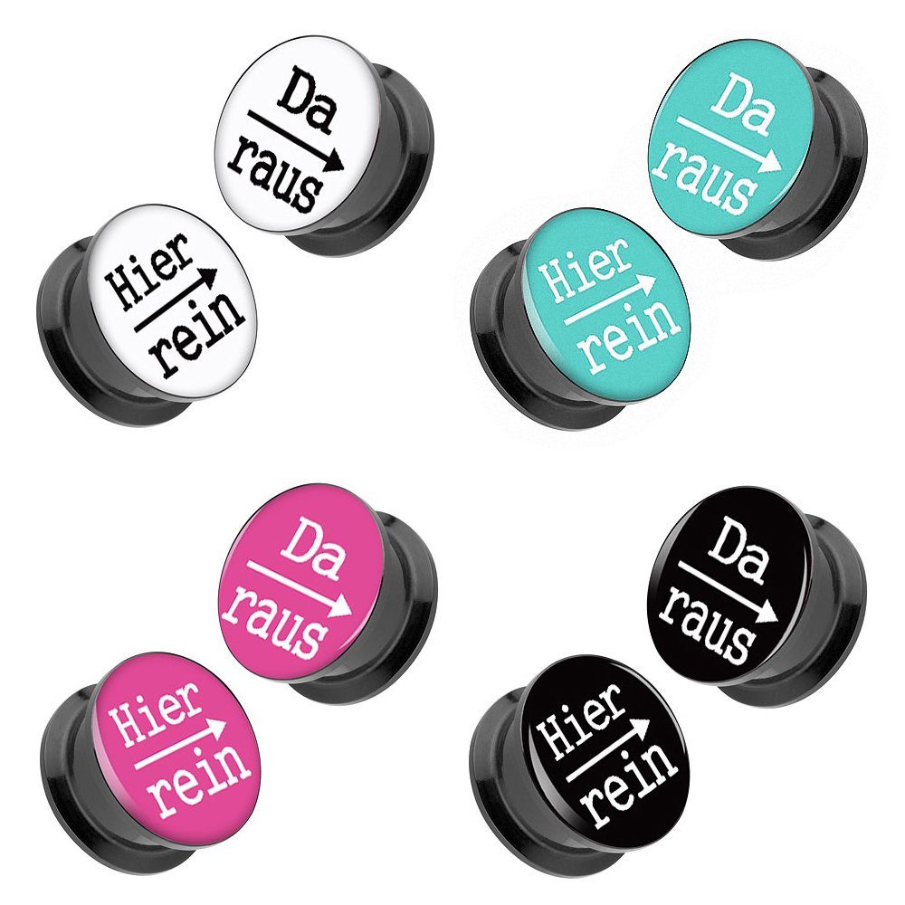 Taffstyle Plug 1 Paar Bild Motiv Ohr Tunnel Piercing Spruch - Hier rein, Da raus (Humorvolle Acryl Plugs im 2er-Set mit Spruch und Schraubverschluss)