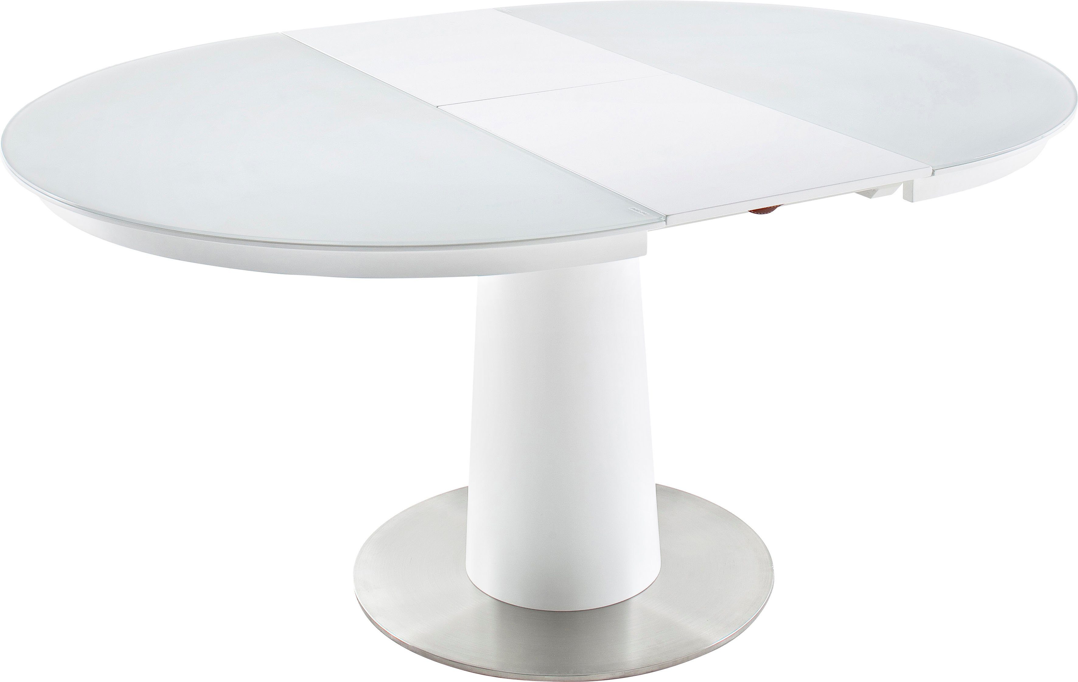 MCA furniture Esstisch Waris, Esstisch Rund mit Synchronsauszug, Weiß matt mit Sicherheitsglas