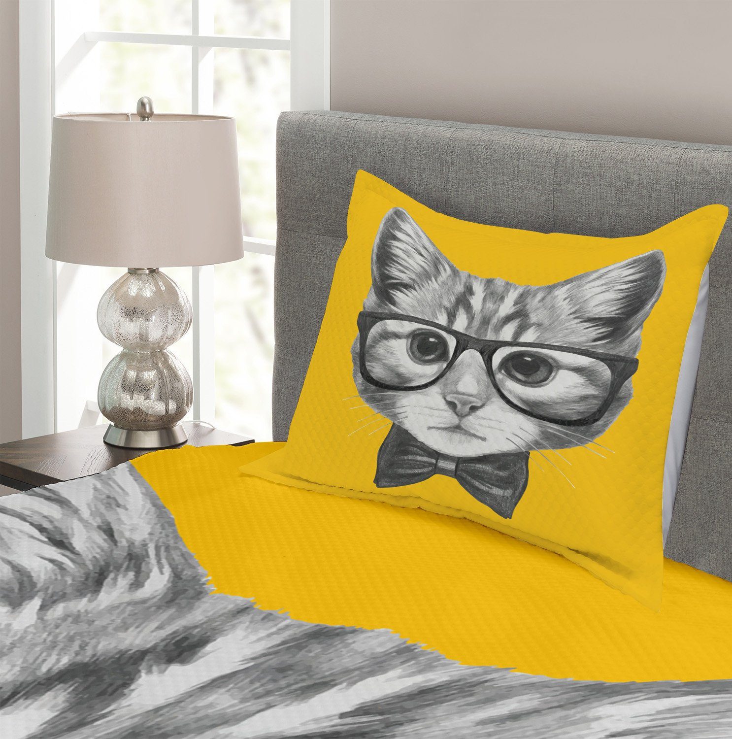 Tagesdecke Set mit Kissenbezügen Brille Abakuhaus, Baby-Hipster-Kätzchen-Katze Waschbar