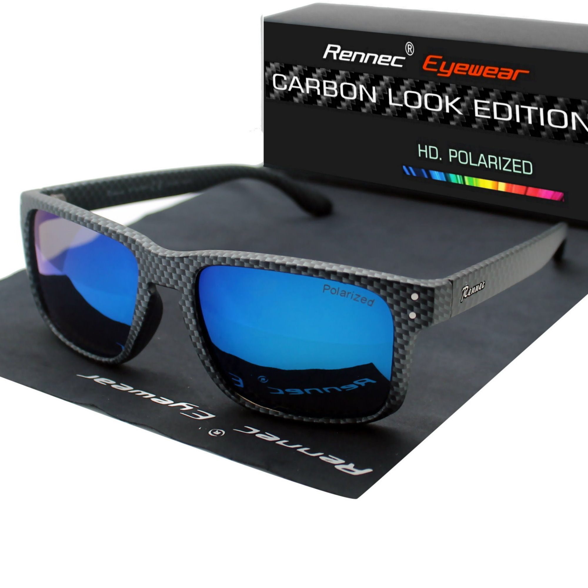 Rennec Sonnenbrille Herren Polarisiert Rechteckig Carbon Optik mit Hardcase Gläser UV400 Getönt oder Verspiegelt, Edelstahl Bügelgelenke 3in2