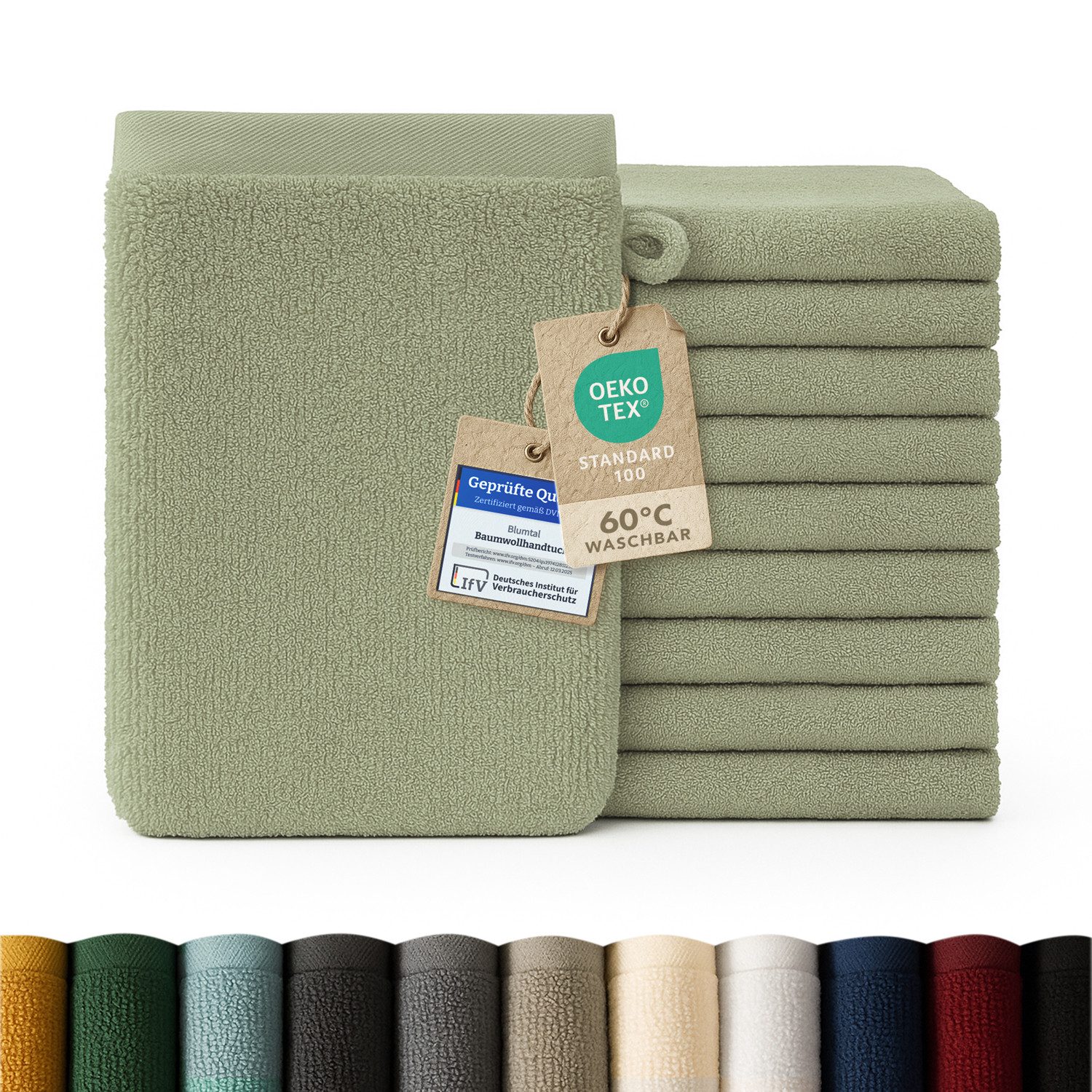 Blumtal Waschhandschuh 10er Set aus Frottee 15x20 cm - weich und saugstark, (Set), mit modischer Bordüre und praktischer Aufhängeschlaufe, 100% Baumwolle