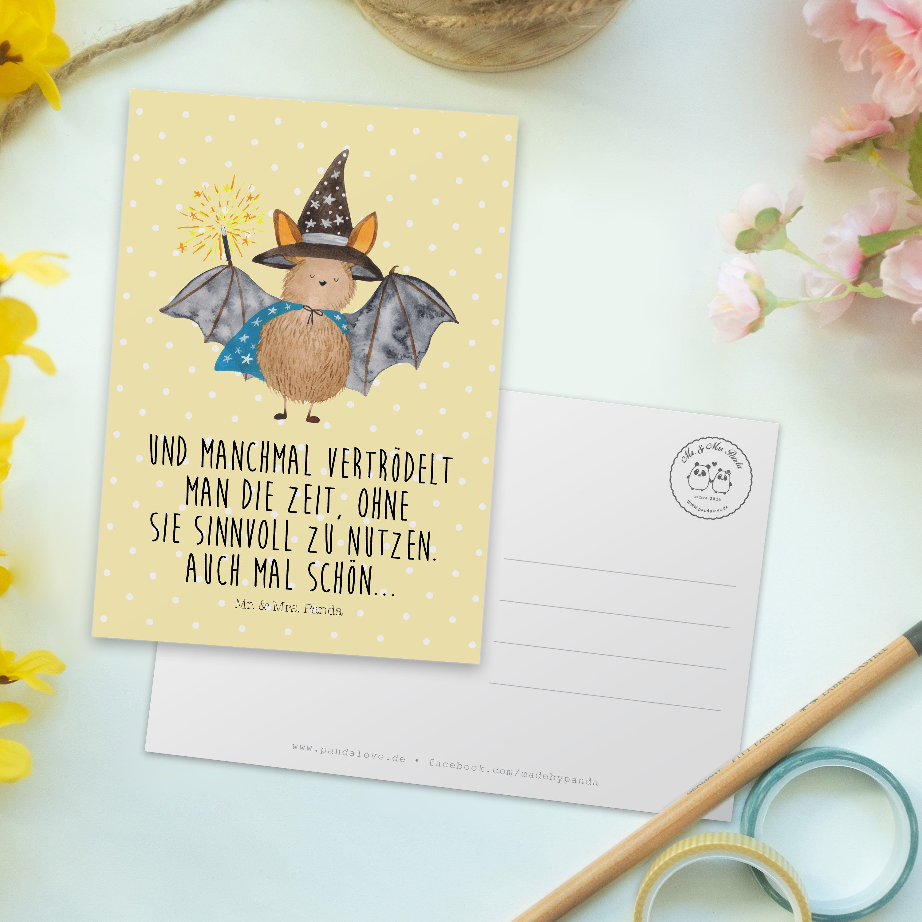 & Zauberer Gelb Fledermaus Magier, - Mrs. - Mr. Panda Postkarte Pastell Dan Grußkarte, Geschenk,
