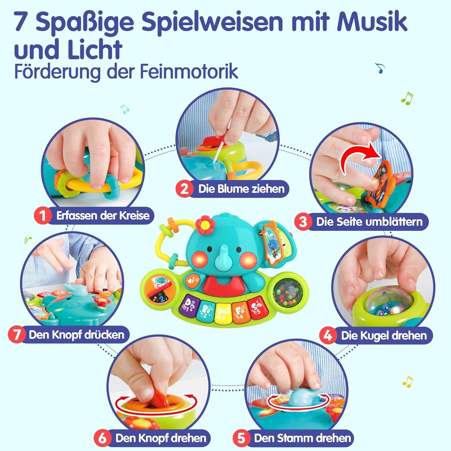 FELIXLEO Lernspielzeug Baby Spielzeug Elefant Klavier mit Licht Musik ab 1 Jahr