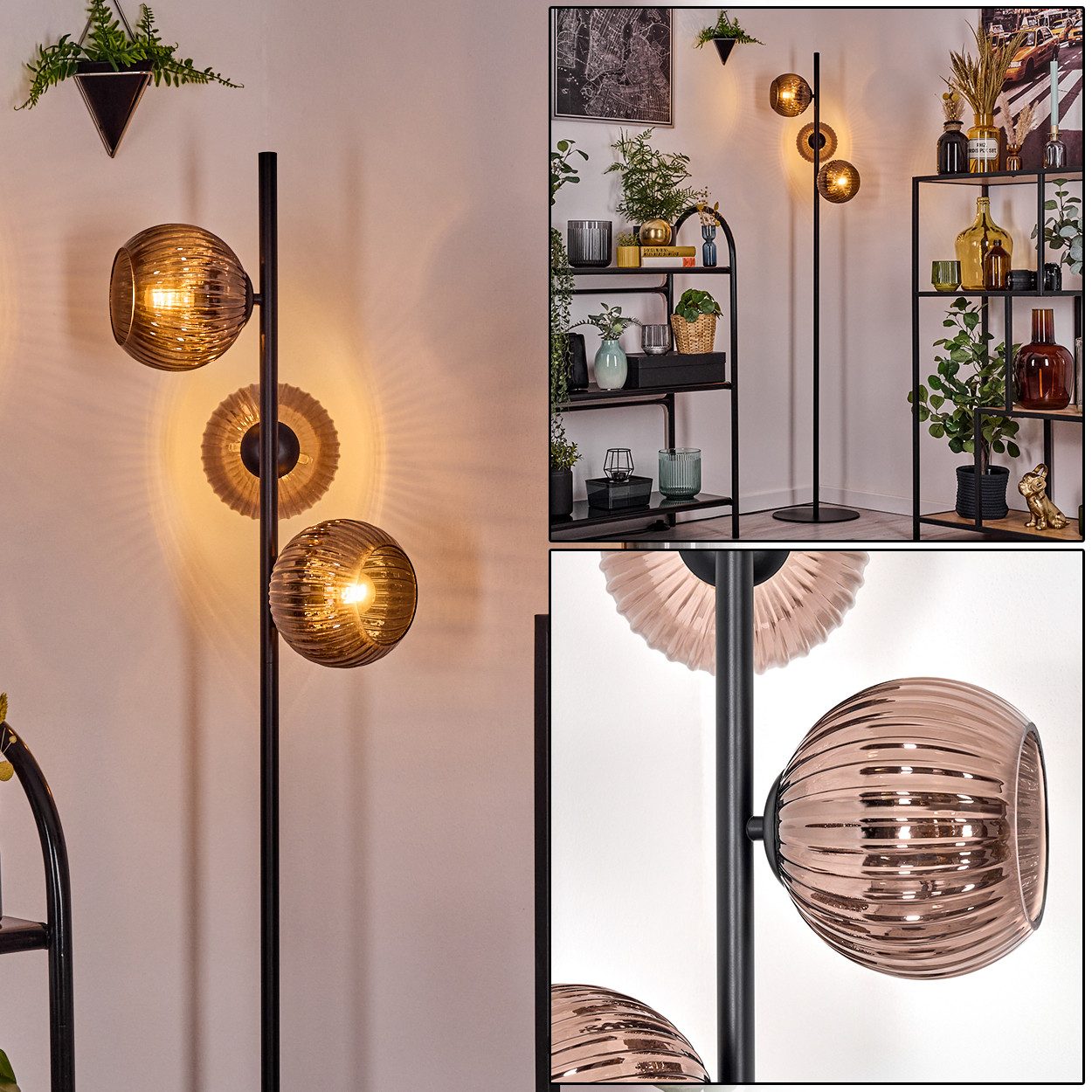 hofstein Stehlampe Stehlampe aus Metall/Riffelglas in Schwarz/Kupfer, moderne Leuchte im Retro/Vintage-Design (Schirme 15cm), 160cm, E14