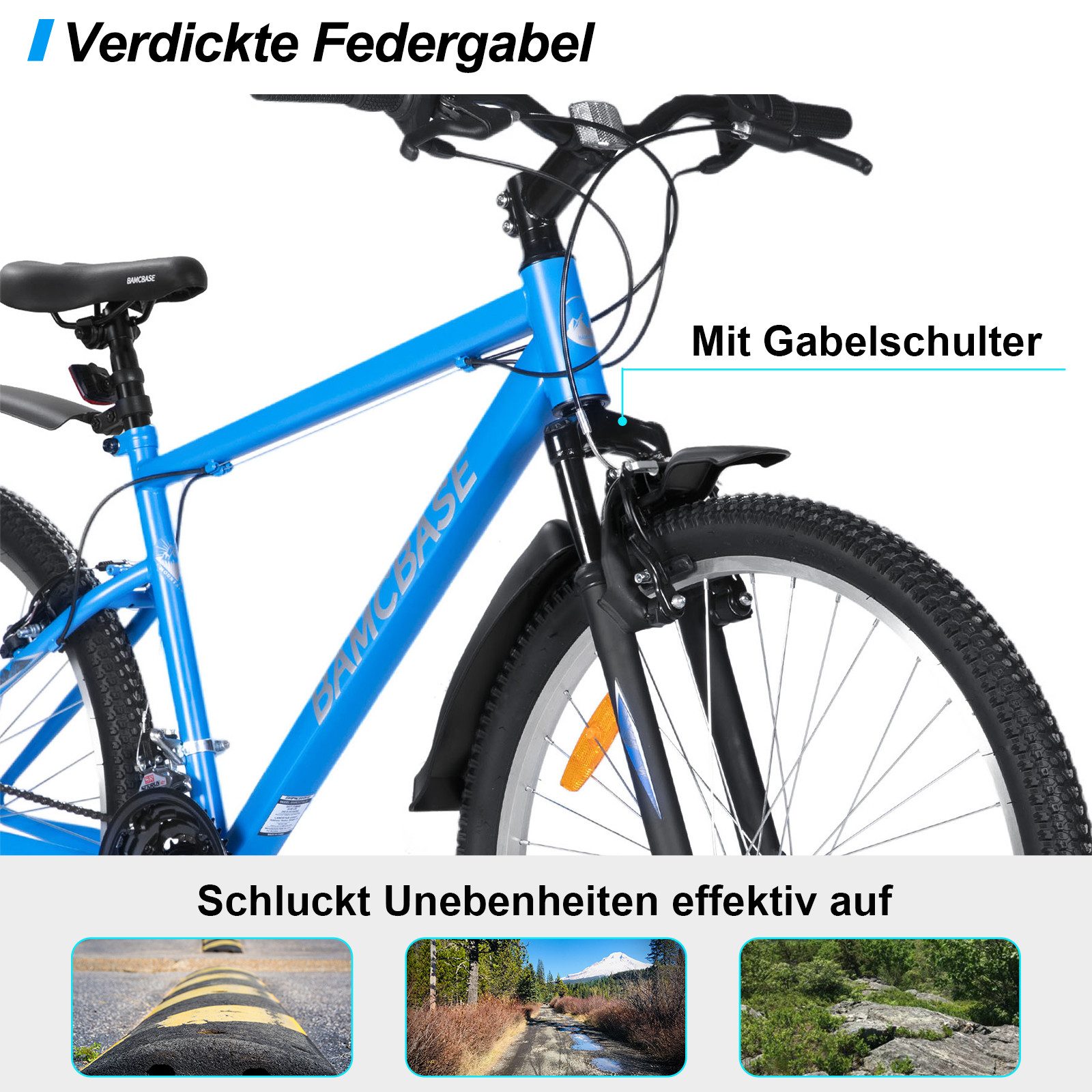 HILAND Mountainbike 26/27 Zoll Herren Damen Studenten fahrräder, Gelände Pendlerfahrräder, Mit 18 Gang, Doppel-V-Bremsen, stoßdämpfender Federgabel, Schutzblech