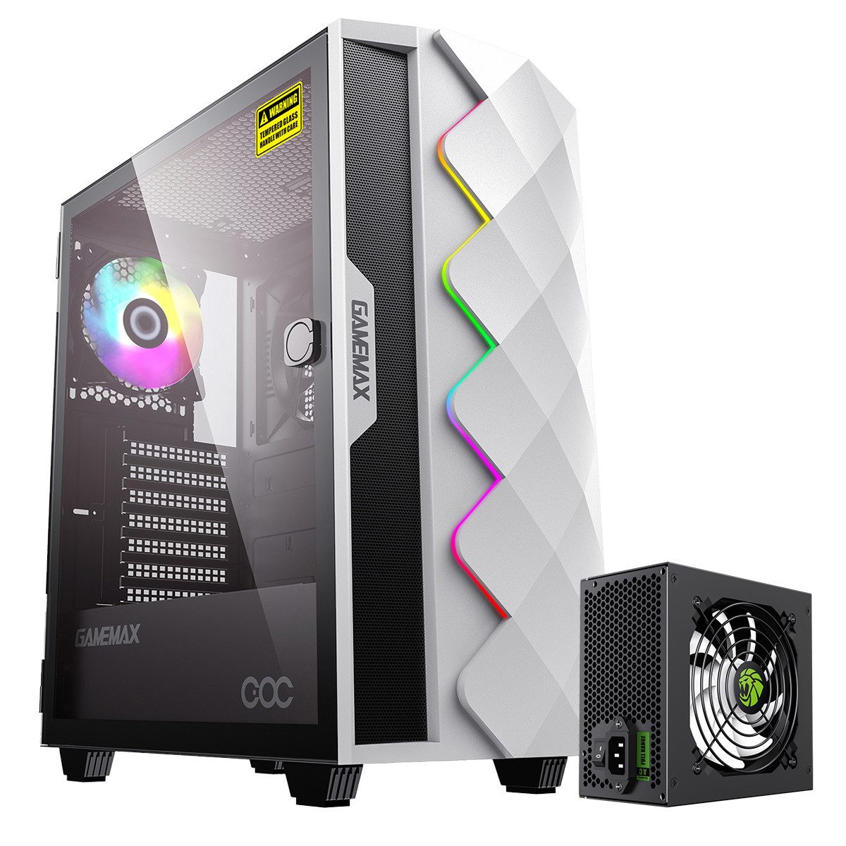 GAMEMAX Gaming-Gehäuse Diamond COC Midi-Tower 1x USB 3.0 + 1x USB 2.0, HD-Audio, (gehärtetes Glas), ATX; 14cm Turbo COC Lüfter; 400W 80+ Bronze Netzteil vorinstalliert