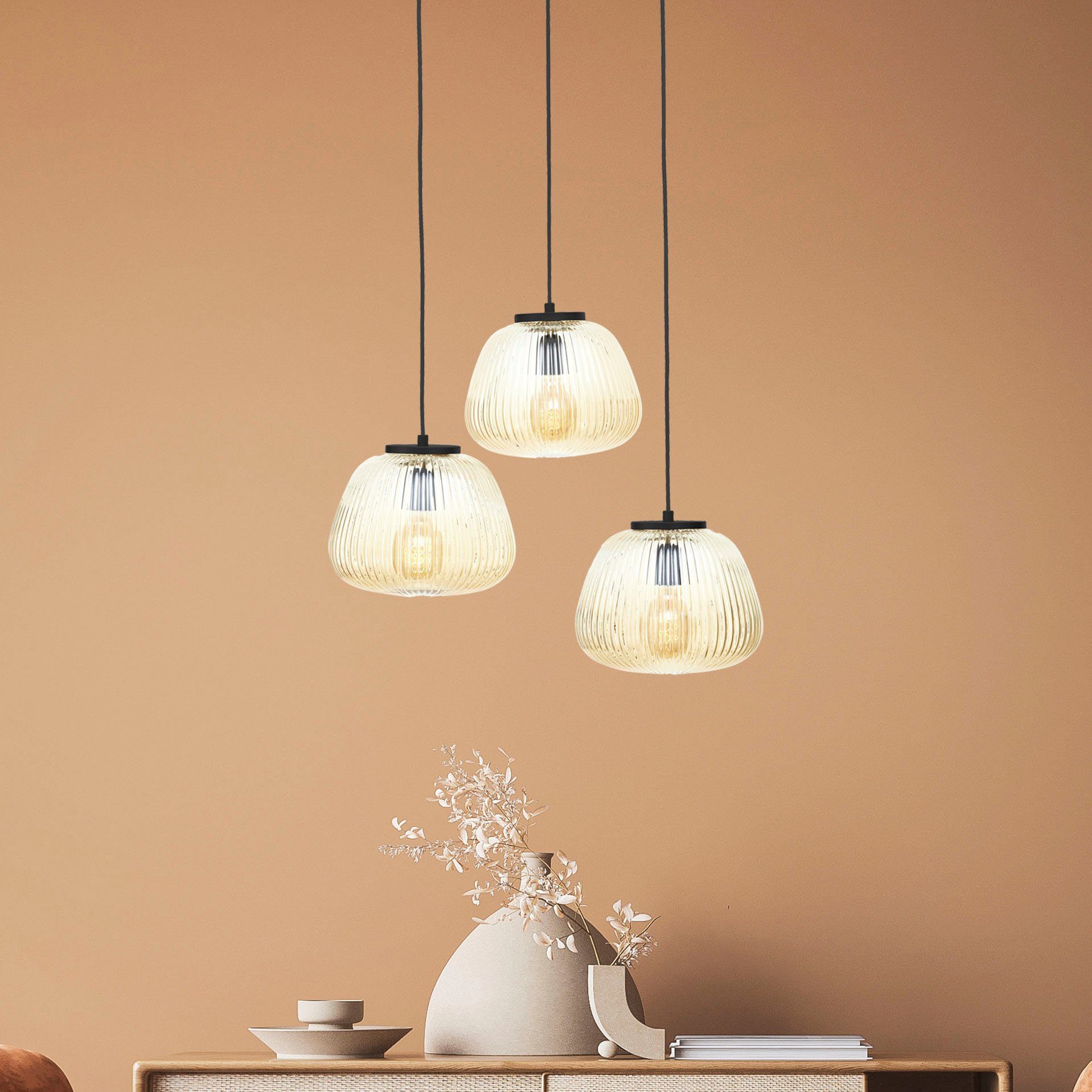 Brilliant Pendelleuchte Kaizen, ohne Leuchtmittel, Riffelglas, D 40 cm, E27, kürzbar, Amber-Bernsteinfarben