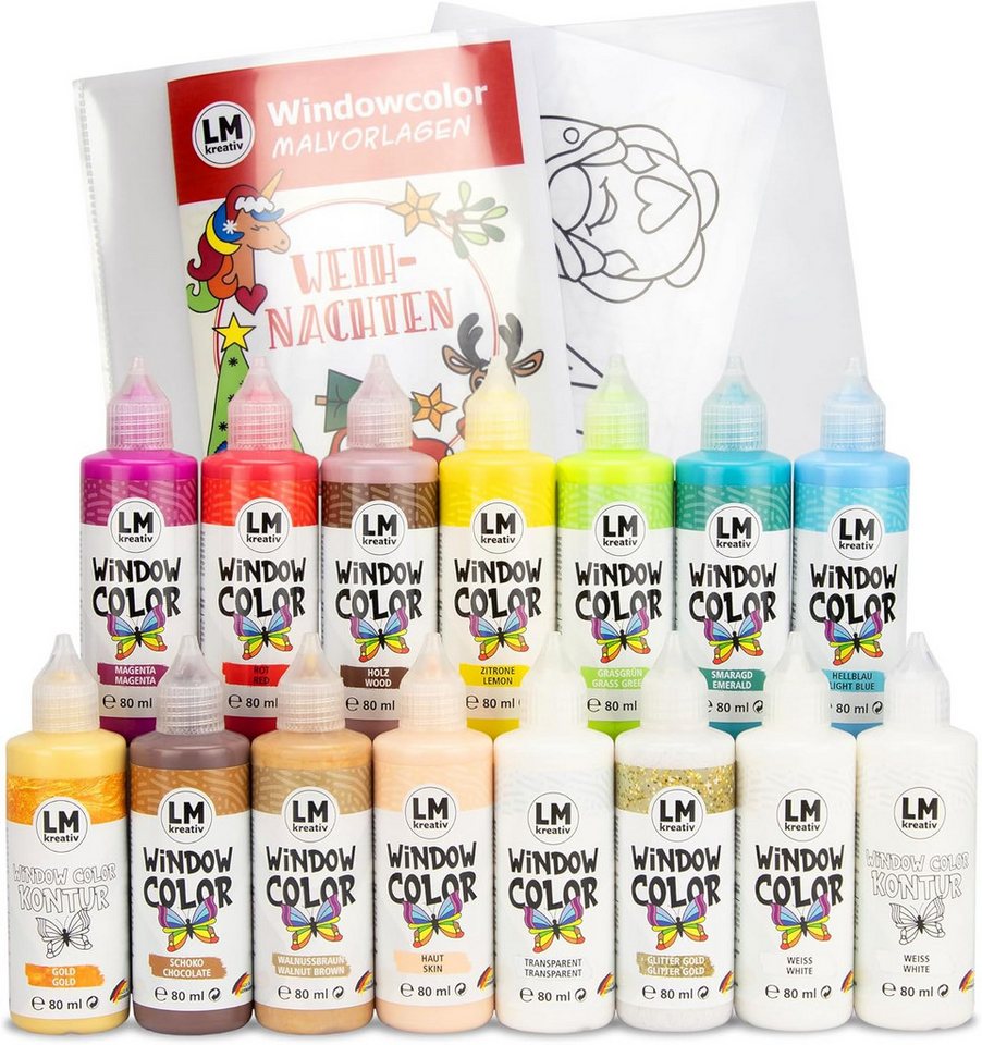 LM-Kreativ Bastelfarbe Window Color 15er Set Weihnachten, XXL-Set, wiederablösbar, inkl. Konturen, Folien & Vorlagenheft