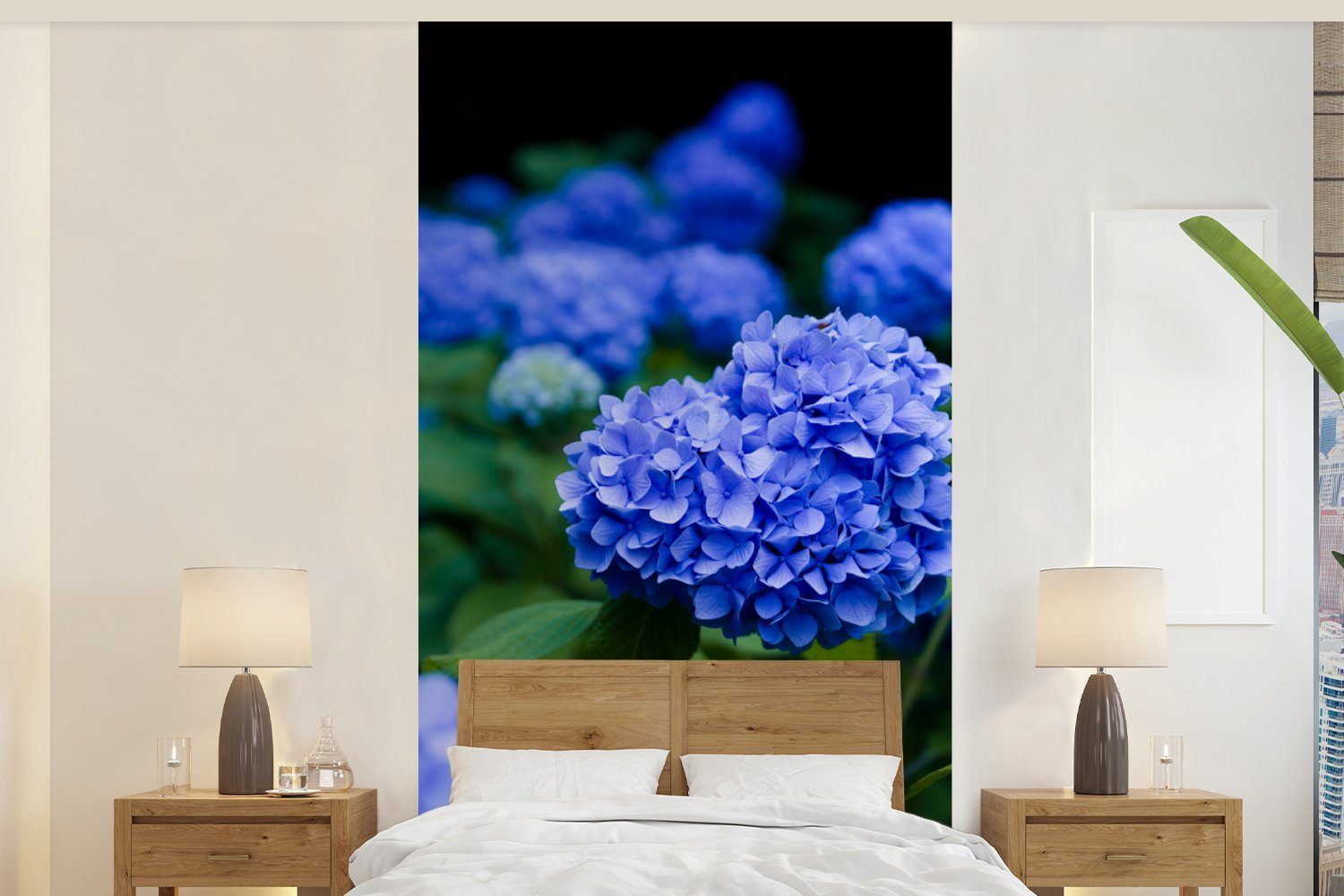 für Wohnzimmer bedruckt, Matt, Fototapete Küche, Fototapete Nahaufnahme MuchoWow Vliestapete blaue Schlafzimmer (2 St), Hortensienblüten,