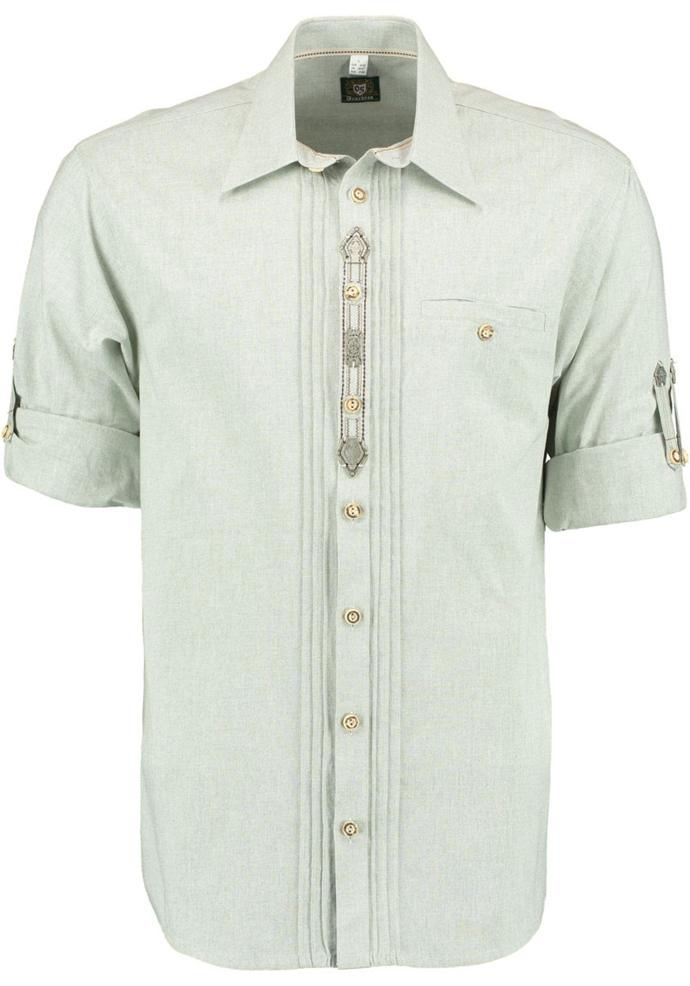 OS-Trachten Trachtenhemd Afudi Langarmhemd mit Knopfleiste der auf Zierteile 2x3 Biesen, mittelgrün
