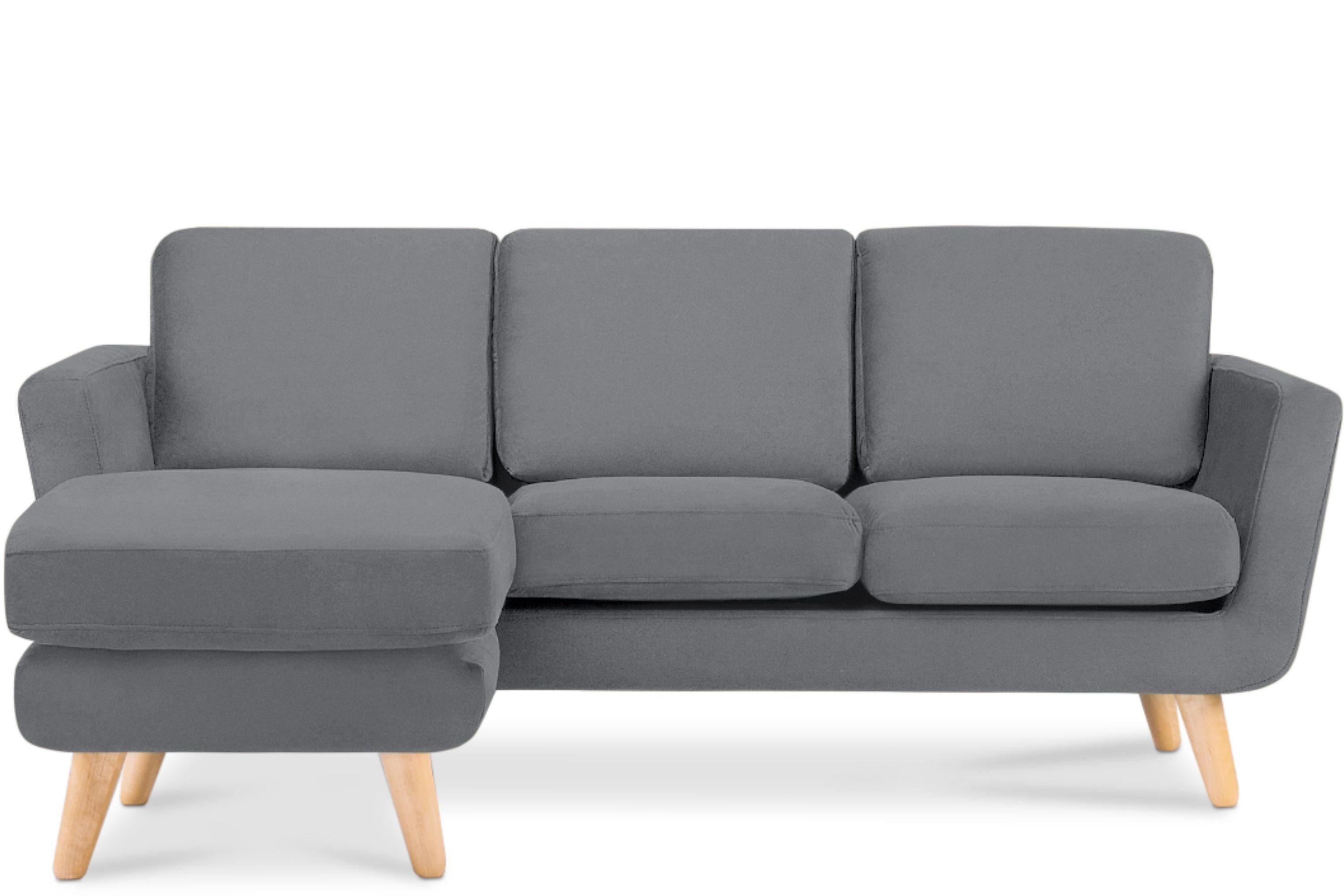 Konsimo Ecksofa TAGIO links, Scandi-Stil, mit Armlehnen, Made in Europe, Gestell aus Massivholz grau