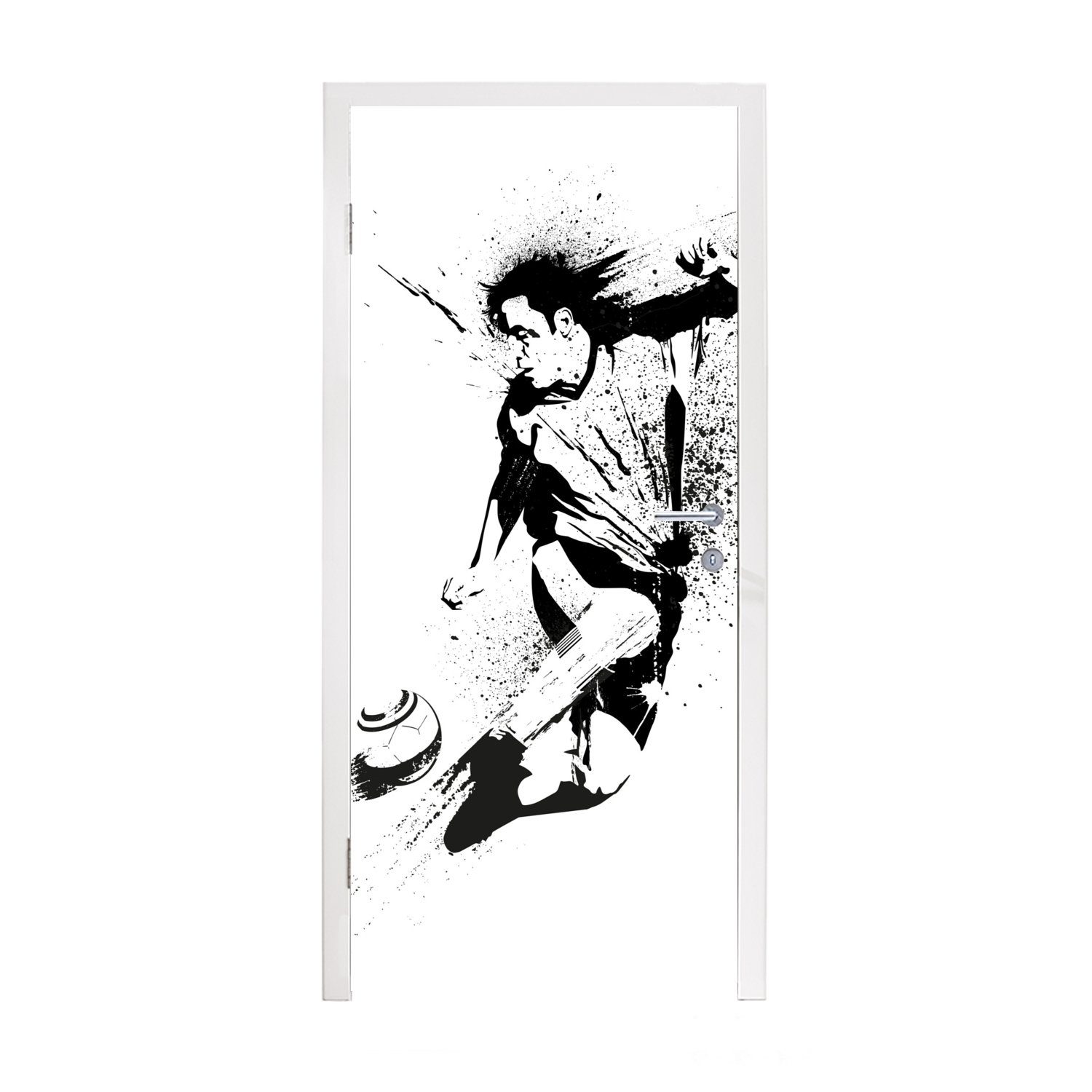MuchoWow Türtapete Eine Illustration einer Person, die einen Fußball in Richtung Tor, Matt, bedruckt, (1 St), Fototapete für Tür, Türaufkleber, 75x205 cm