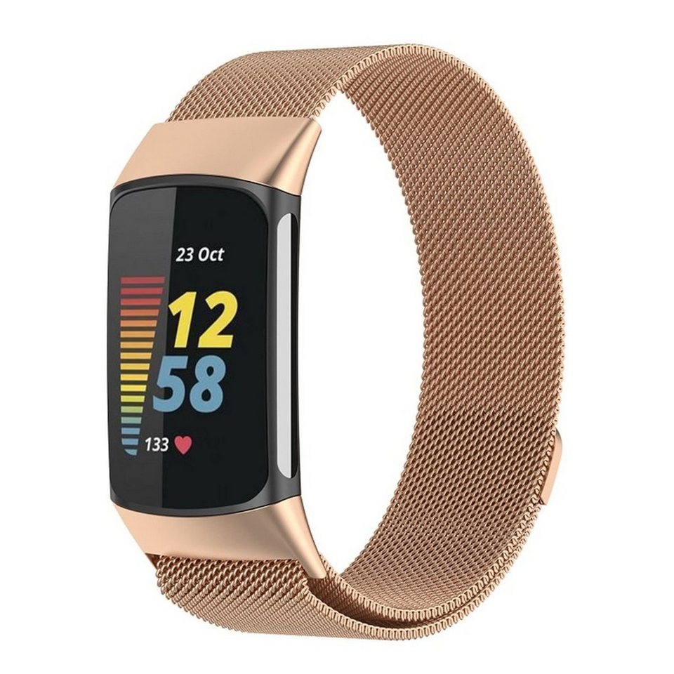 Wigento Smartwatch-Armband Für Fitbit Charge 6 / 5 Metall Stahl Mesh  Armband mit Magnetverschluss, Für Fitbit Charge 6 / 5 Metall Mesh Watch  Band mit Magnetverschluss Rose Gold