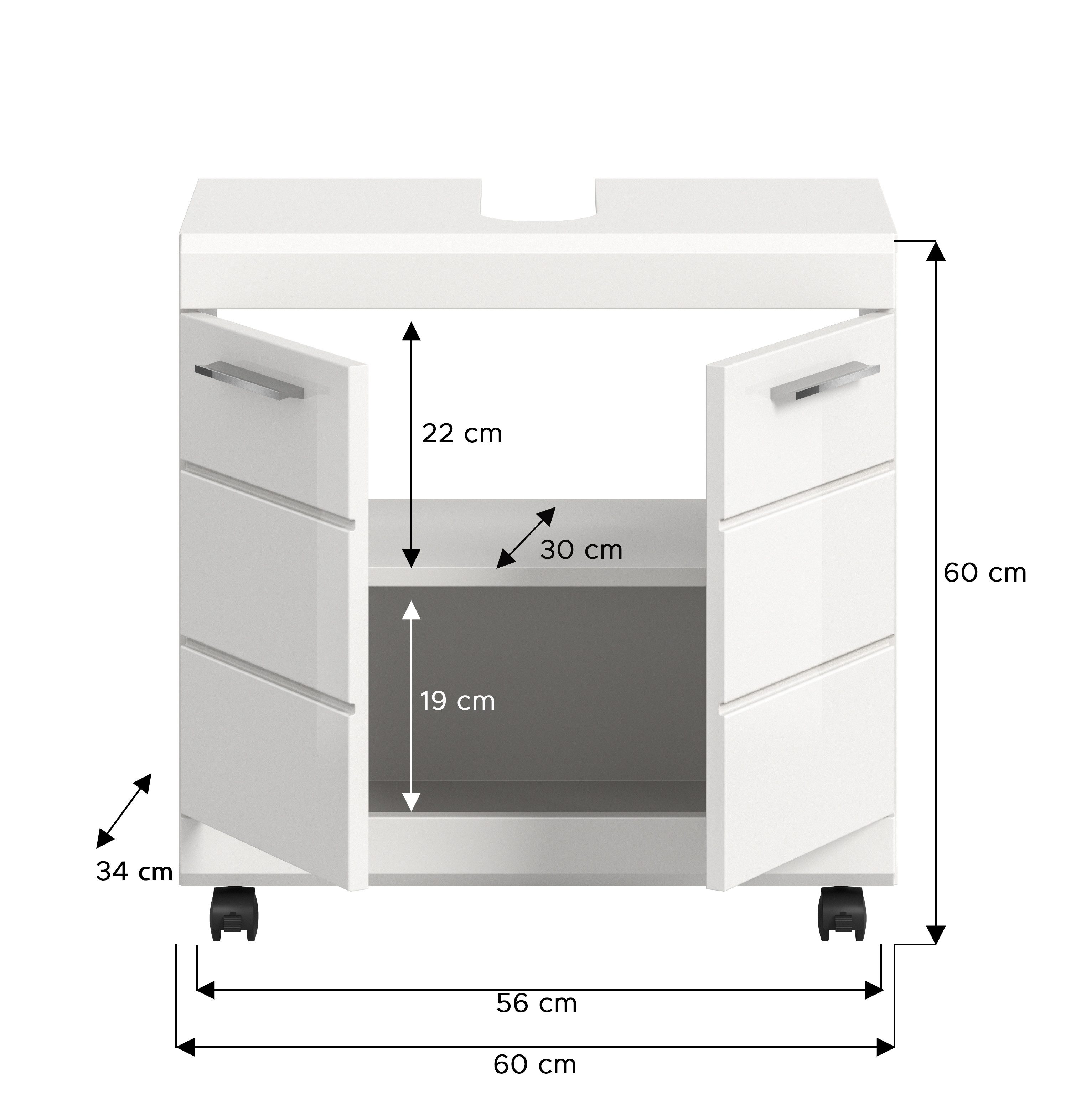 furnling Waschbeckenunterschrank auf Rollen - Scott mit Siphon-Ausschnitt und pflegeleichter Hochglanz-Front, Breite 60 cm – Bild 5 von 5