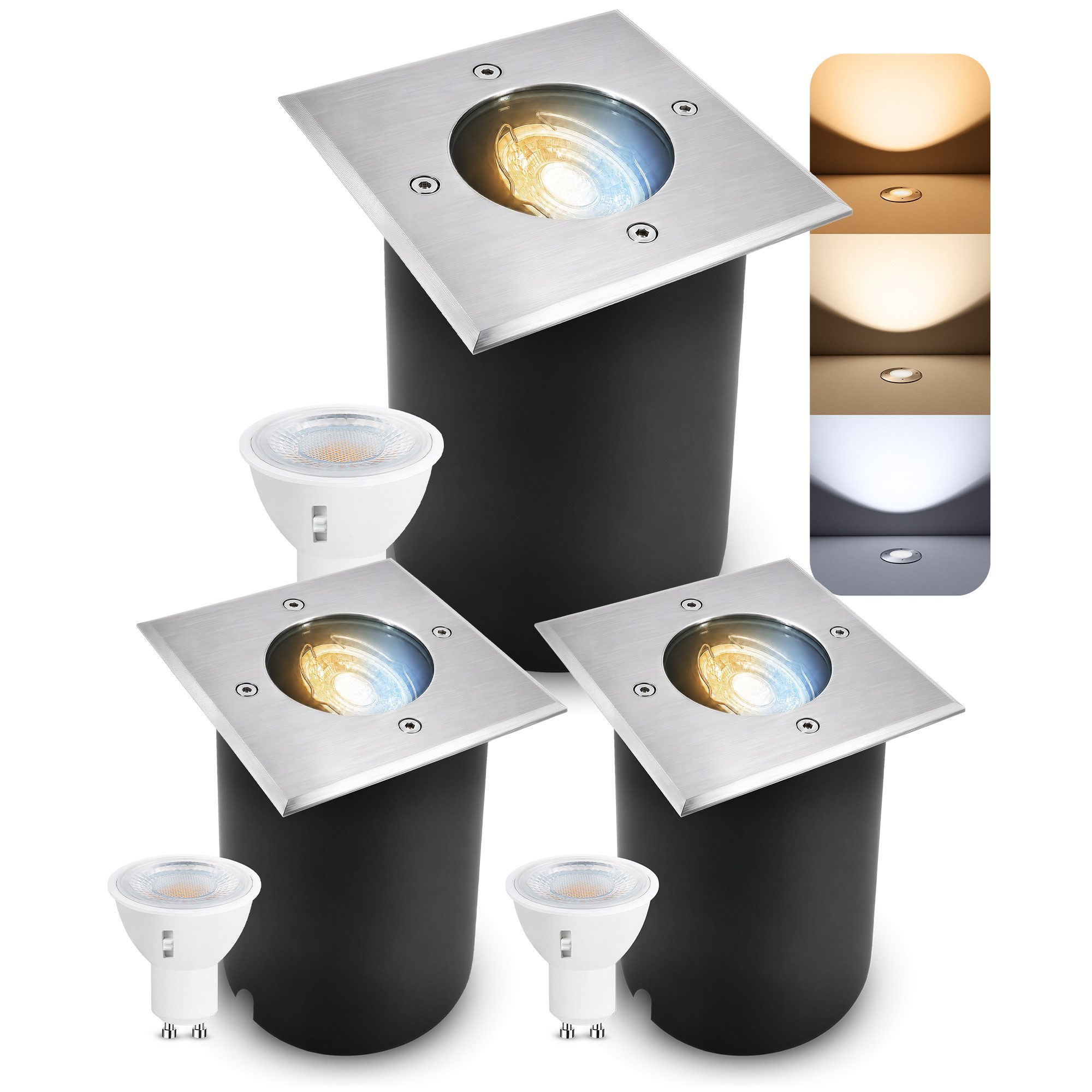 SSC-LUXon LED Gartenstrahler Schwenkbarer LED Bodenspot JUAVI eckig mit LED GU10 5W drei Lichtmodi, Neutralweiß, Warmweiß, Tageslichtweiß
