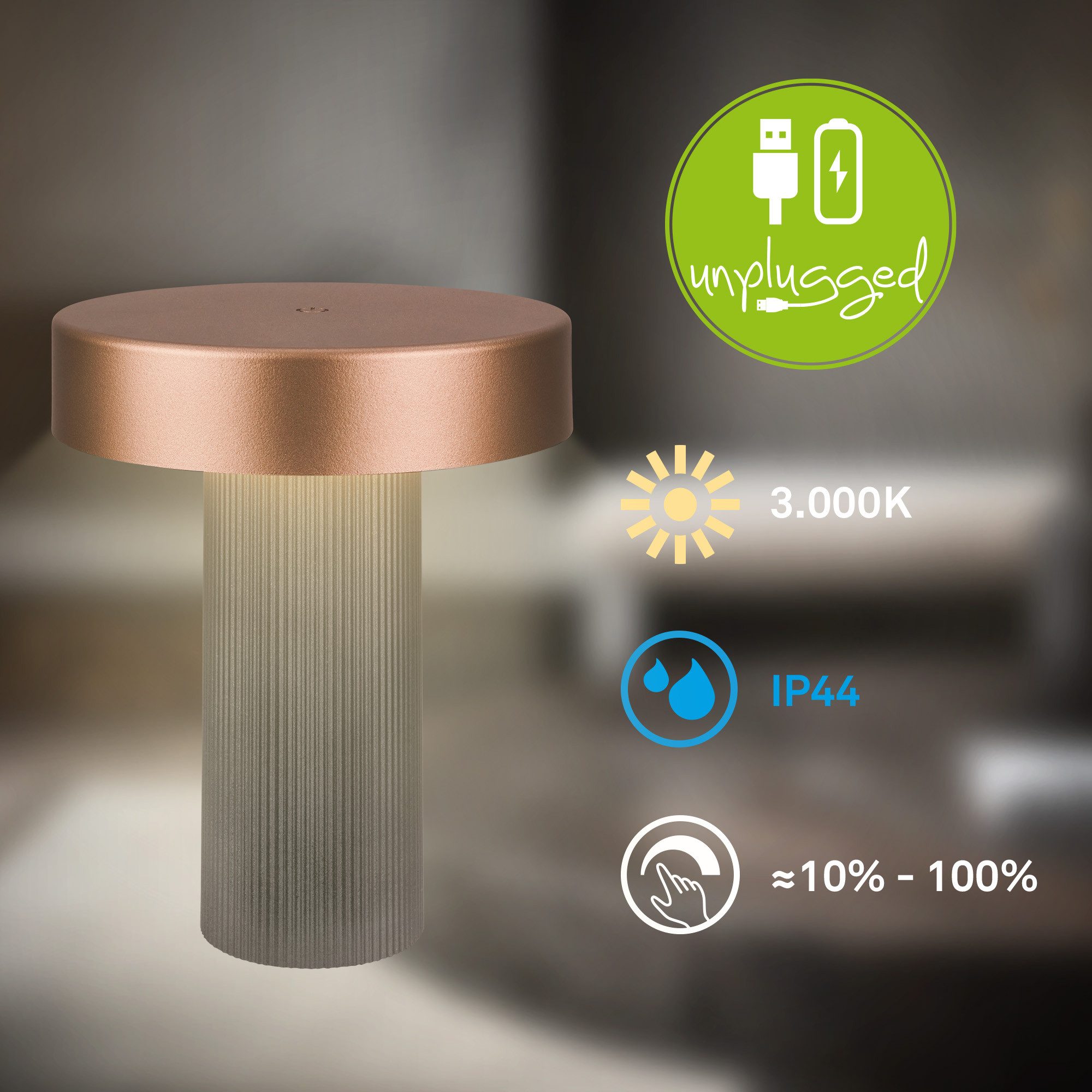 Briloner Leuchten LED Tischleuchte Tischlampe kabellos Akku USB-C dimmbar Touch, LED wechselbar, 2700K - Extra-Warmweiß, 16x20 cm, Akku tauschbar, Indoor/Outdoor, Wohnzimmer, Balkon