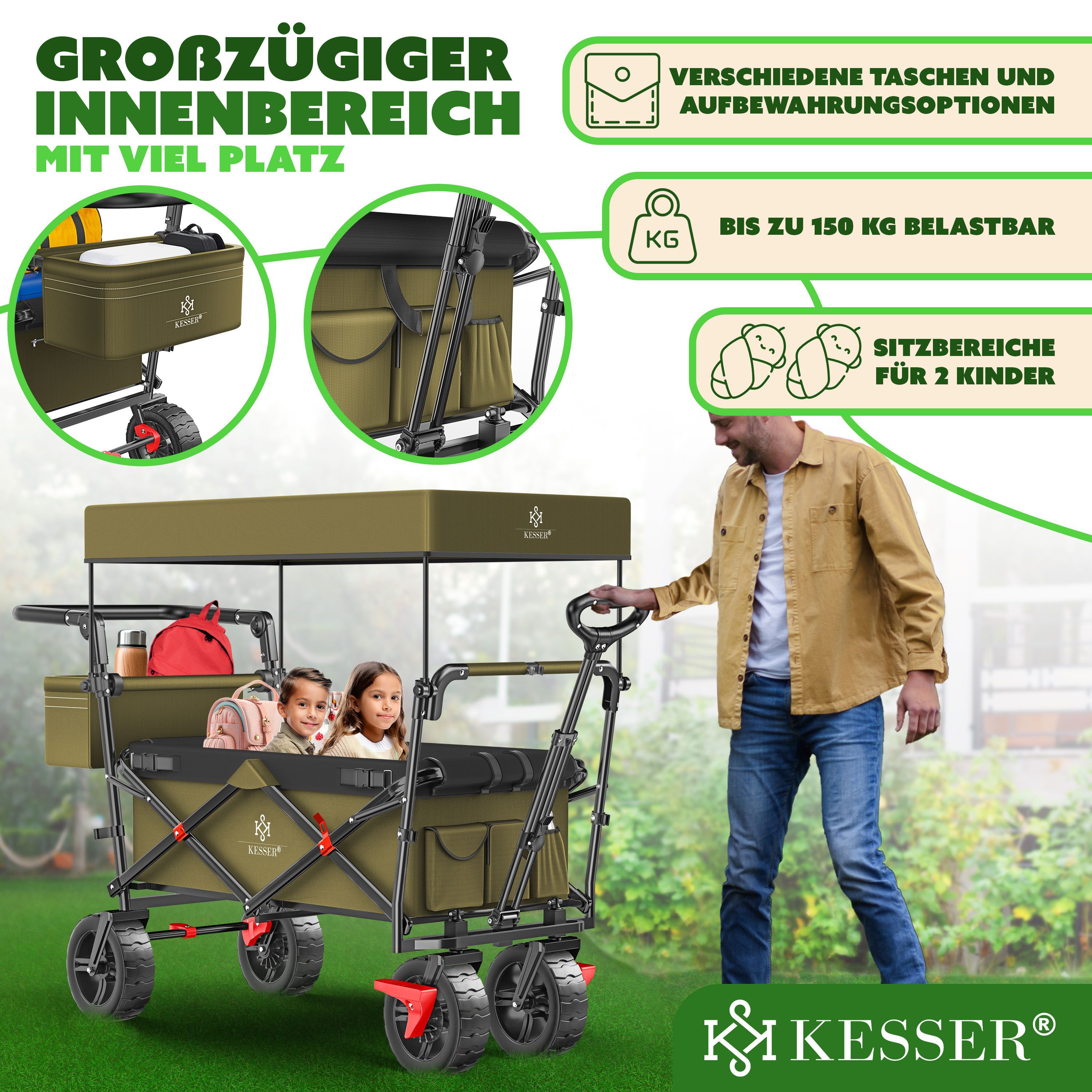 KESSER Bollerwagen, Bollerwagen faltbar GT9000 mit Dach Handwagen Transportwagen